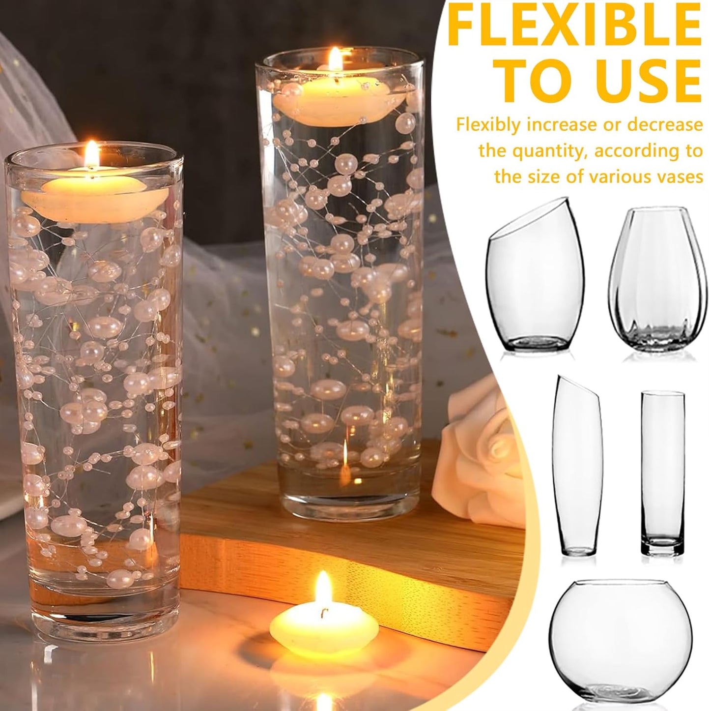 50 PCS Artificial Floating Beads for Centerpieces & Vase Fillers - Navy Blue&Gold 8+3mm String Beads, Faux Pearl Strings for Wedding, Party, Crafts, and Home Decoration