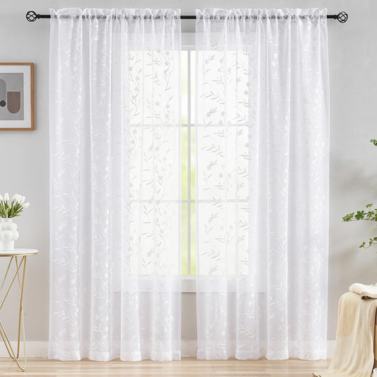 White Sheer Curtains Embroidery 72 Inch Length Rod Pocket Voile Drapes for Living room, Bedroom, Outdoor, Nursery Curtain Semi Flower Curtain Panels for Baby, Womaen, Garden, Lawn, Set of 2, 52"x 72".