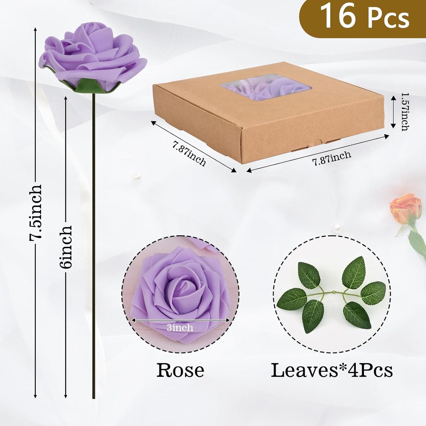BLEUM CADE 16Pcs Artificial Flowers Fake Roses with Stems, Purple Boxed Foam Roses for DIY Bouquets Centerpieces Wedding Party Arrangement Bridal Shower Decor