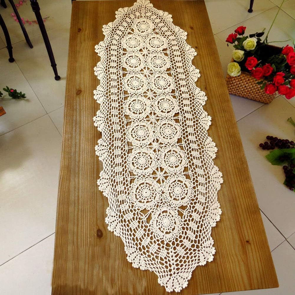 Cotton Handmade Crochet lace Table Runners Oval Tablecloth Doilies Doily Table Dresser Scarf Décor,15x35 inch,Beige