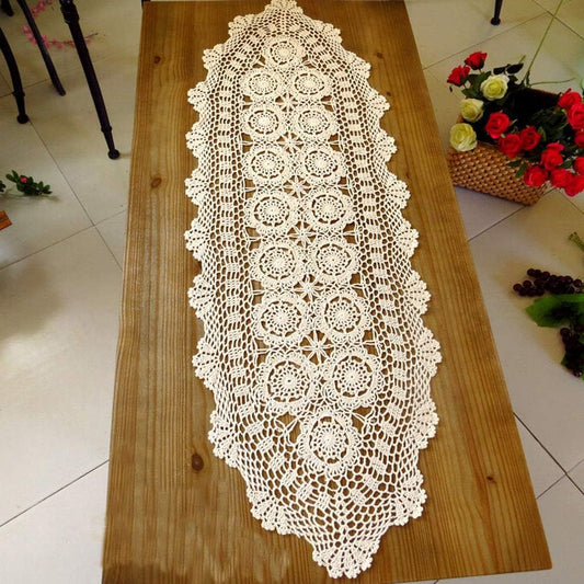 Cotton Handmade Crochet lace Table Runners Oval Tablecloth Doilies Doily Table Dresser Scarf Décor,15x35 inch,Beige