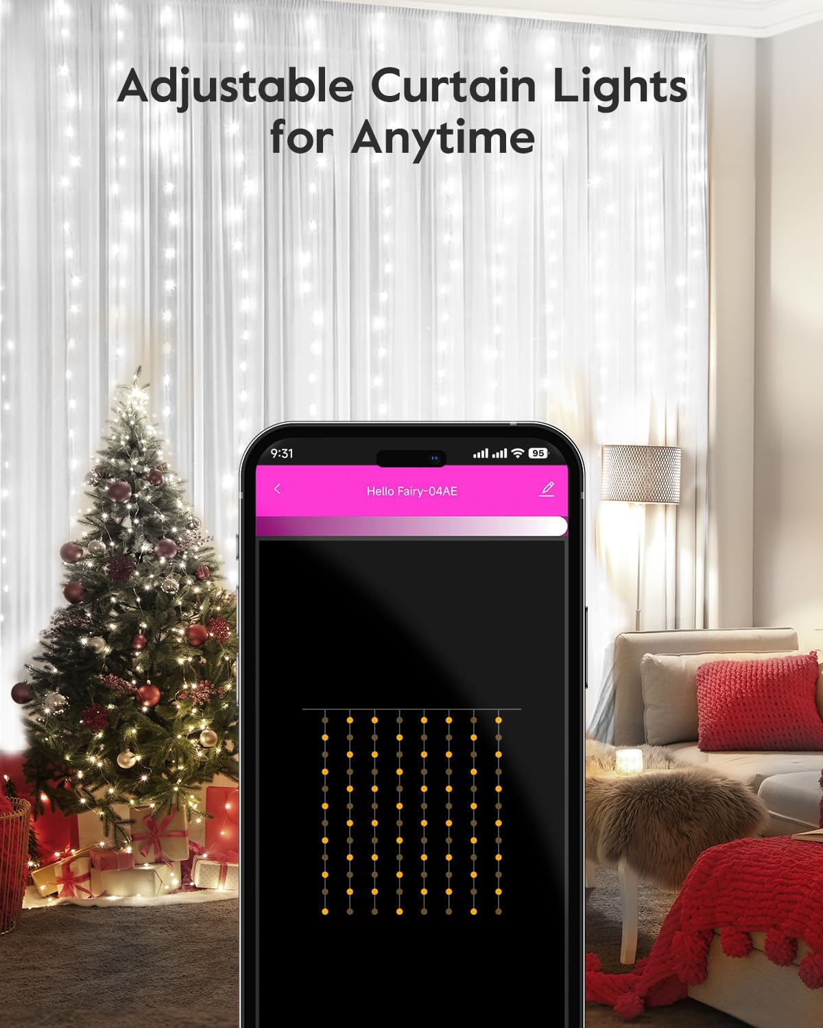 Brightown Smart Curtain String Lights - 9.8ft 300 LED Fairy Light with APP Remote, 8 Modes, USB Powered Waterproof Christmas for Bedroom Wedding Party, White