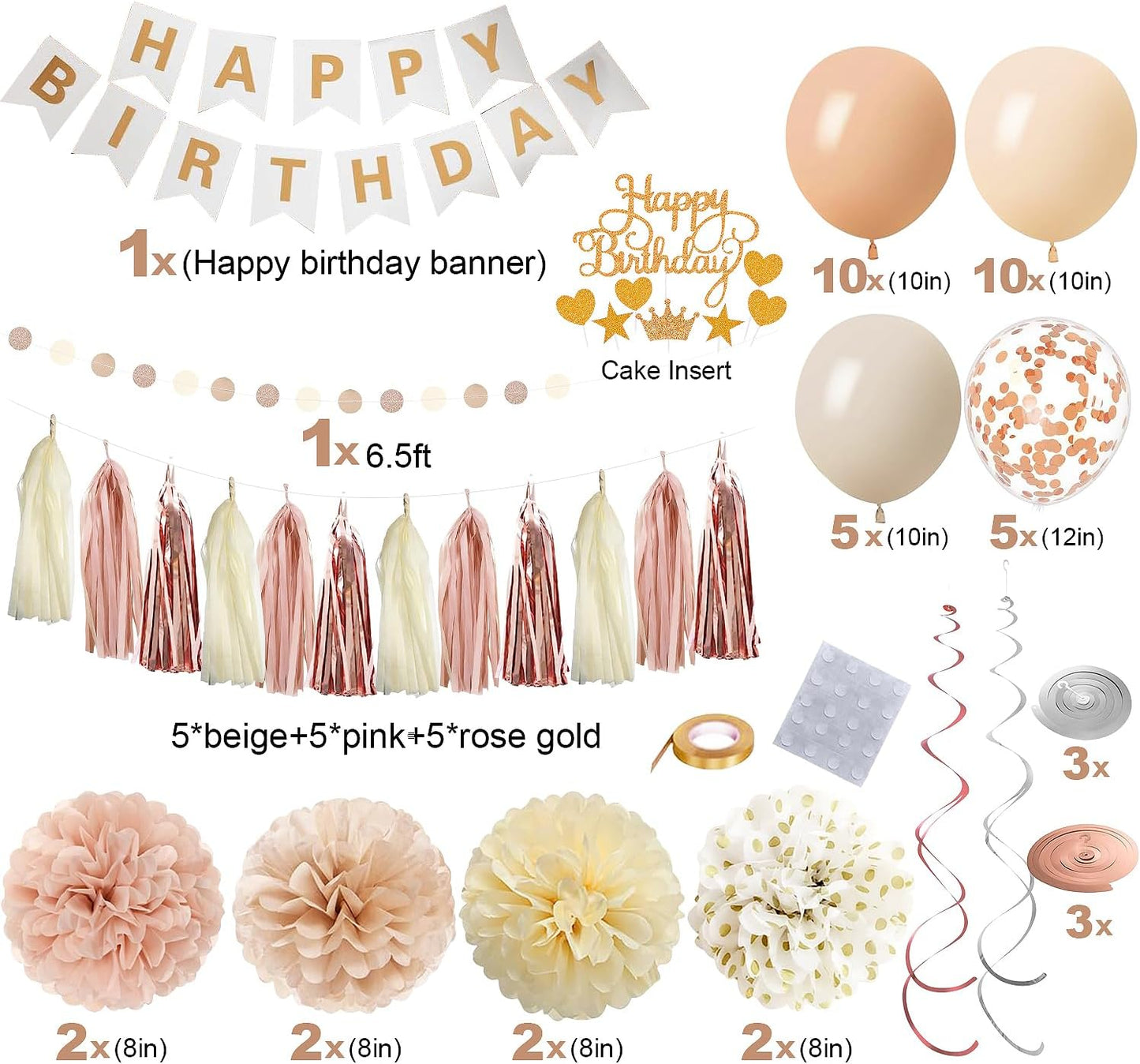 Rose Gold Birthday Party Decorations Kits with Happy Banner,Cake Topper,Hanging Swirls,Tissue Paper Pompoms,Paper Tassels Garland,Confetti Balloons for Women Girls Birthday Party