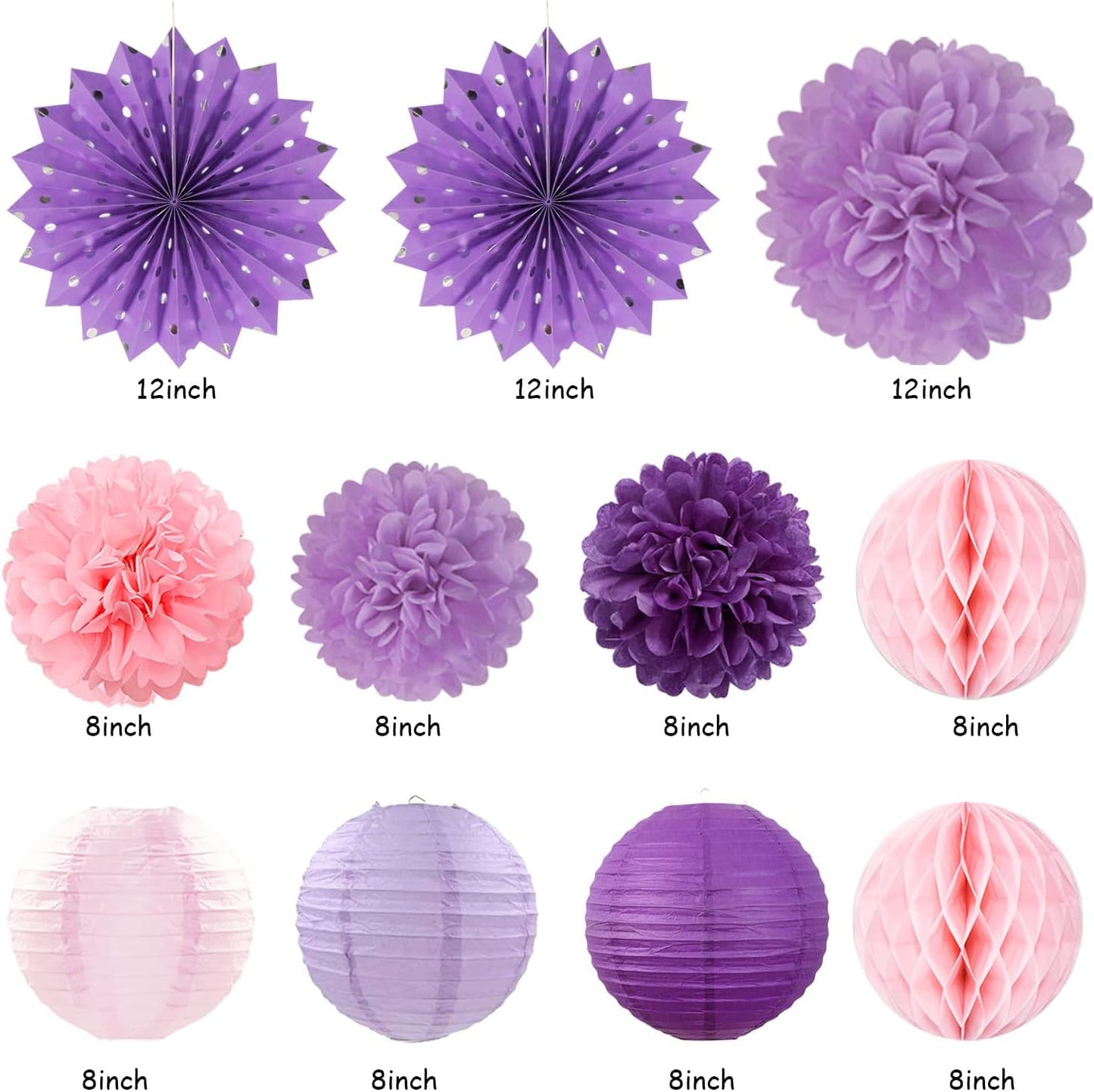 Purple Lilac-Lavender Pink Women Birthday Party-Decorations - 21pcs Happy Banner,Paper Lanterns Honeycomb,Tissue Pom Poms Flower Fan,Classroom Hanging Streamers Garland,Girls Decor Supplies Huglony