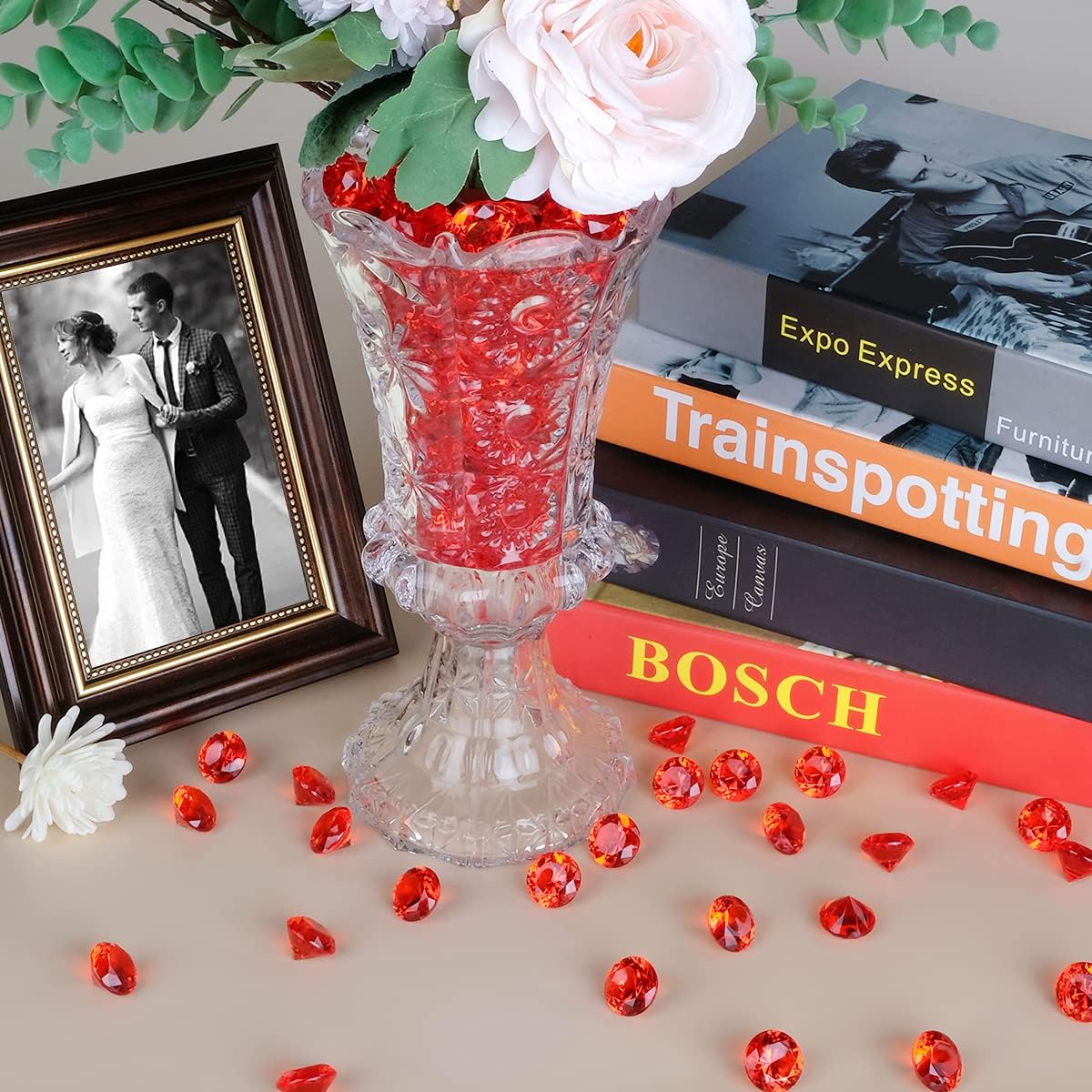 Acrylic Diamond Fake Gems Vase Filler, Babenest 240pcs 3/4 Inch Faux Diamonds Crystals Jewels for Table Scatters Wedding Party Event Arts & Crafts Birthday Decoration Favor (Red)