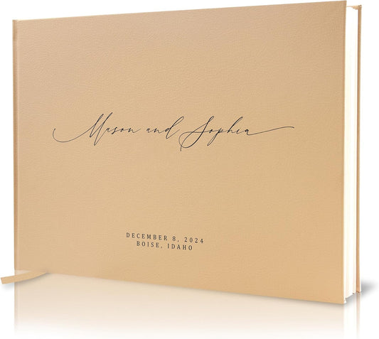 MUUJEE Personalized Guestbook in Tan - Premium Tan Leatherette Custom Modern Guest Book for Wedding Reception, Birthday Party or Events w/Bookmark Blank Pages for Signing, Large 11.5 x 8.5 inches