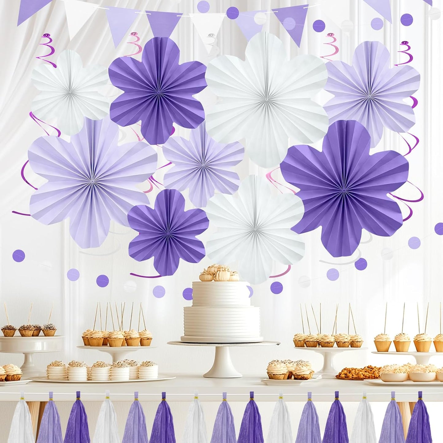 Lavender Birthday Party Decorations - Purple White Party Decorations with Hanging Paper Flowers,Tassel Garland and Swirls for Women Girl, Baby Showers Wedding Bachelorette Party Supplies