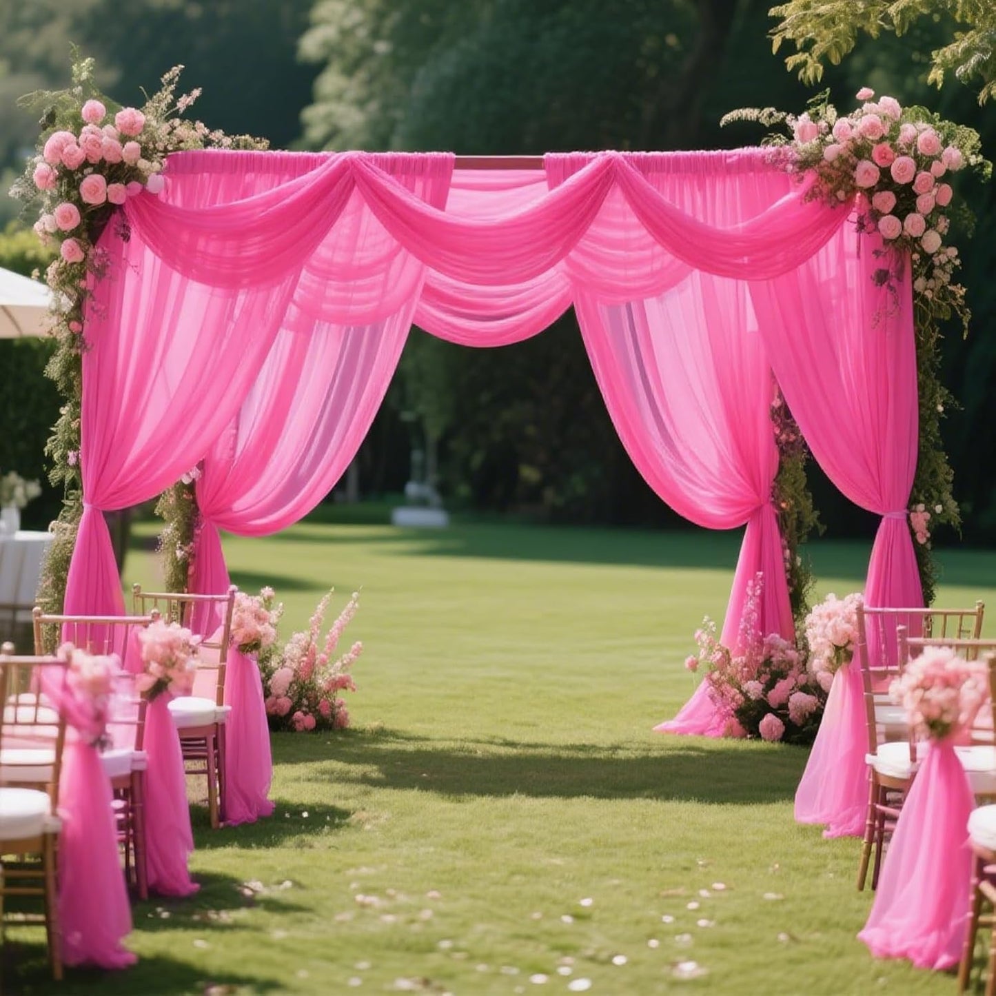 VOK Pink Wedding Arch Draping Fabric Chiffon Fabric, 29in x 18Ft 2 Panels Sheer Chiffon Outdoor Curtain for Wedding Ceremony Birthday Party Decoration (Fuchsia,2 Panel)