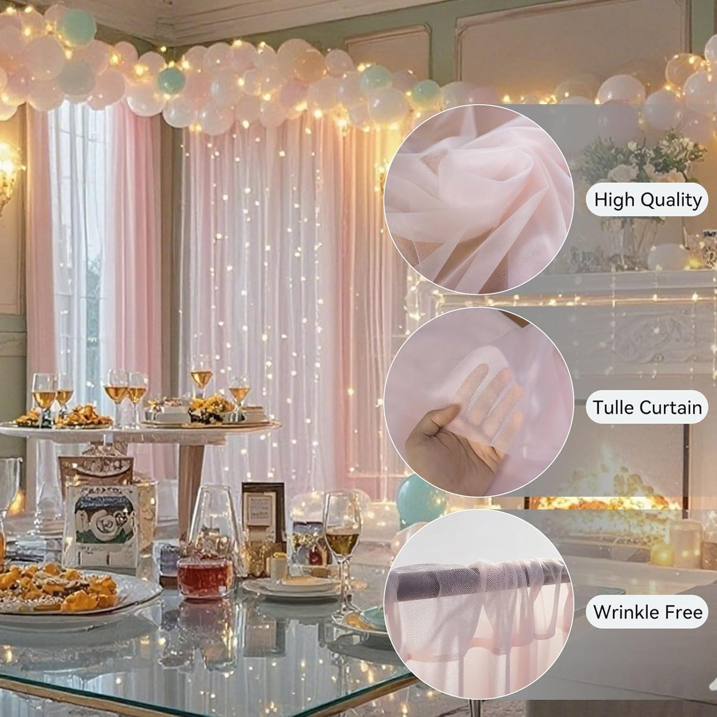 10×10ft Tulle Backdrop Curtains with Lights String - 300LED Fairy Lights Sheer Curtain Backdrop for Weddings Baby Shower and Birthday Party Decorations(4 Panels 5×10ft)