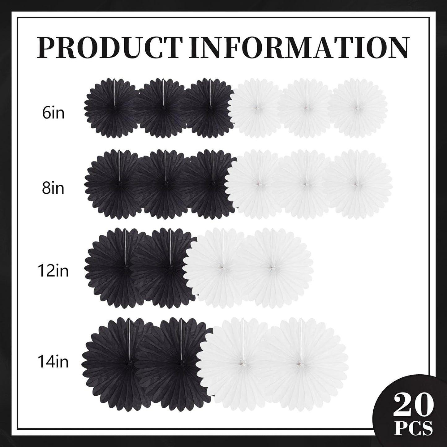 20 Pcs Black White Hanging Paper Fan, Hanging Honeycomb Round Paper Fans for Weddings, Birthdays, Christmas, Baby Showers, Classroom, Events Ceiling Party Supplies Decorations