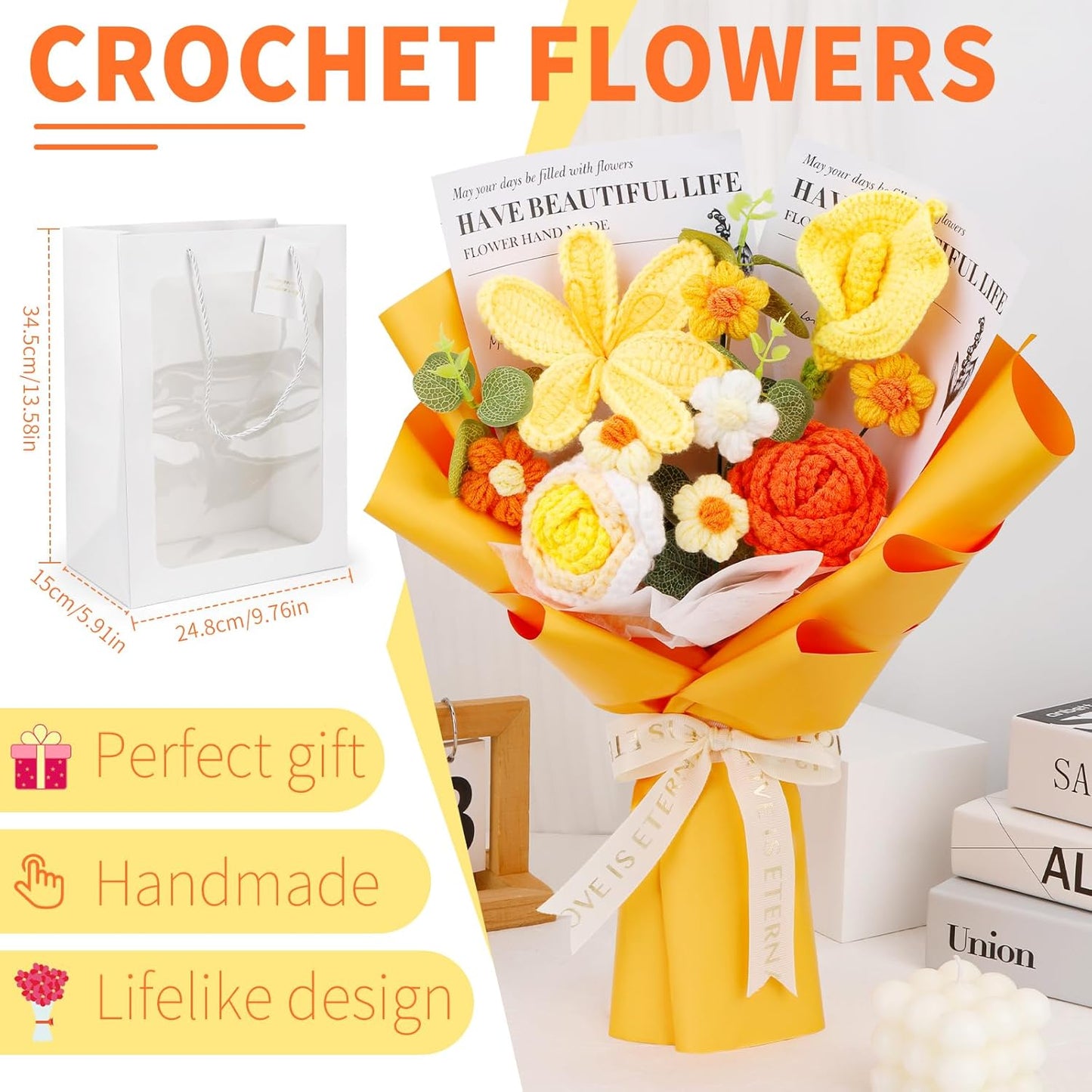 Crochet Flowers Cute Bouquet, Handmade Crochet Flowers Knitted Bouquet, Tulips Flower and Calla Lily for Birthday, Teacher’s Day, Graduation, Valentines (Yellow)
