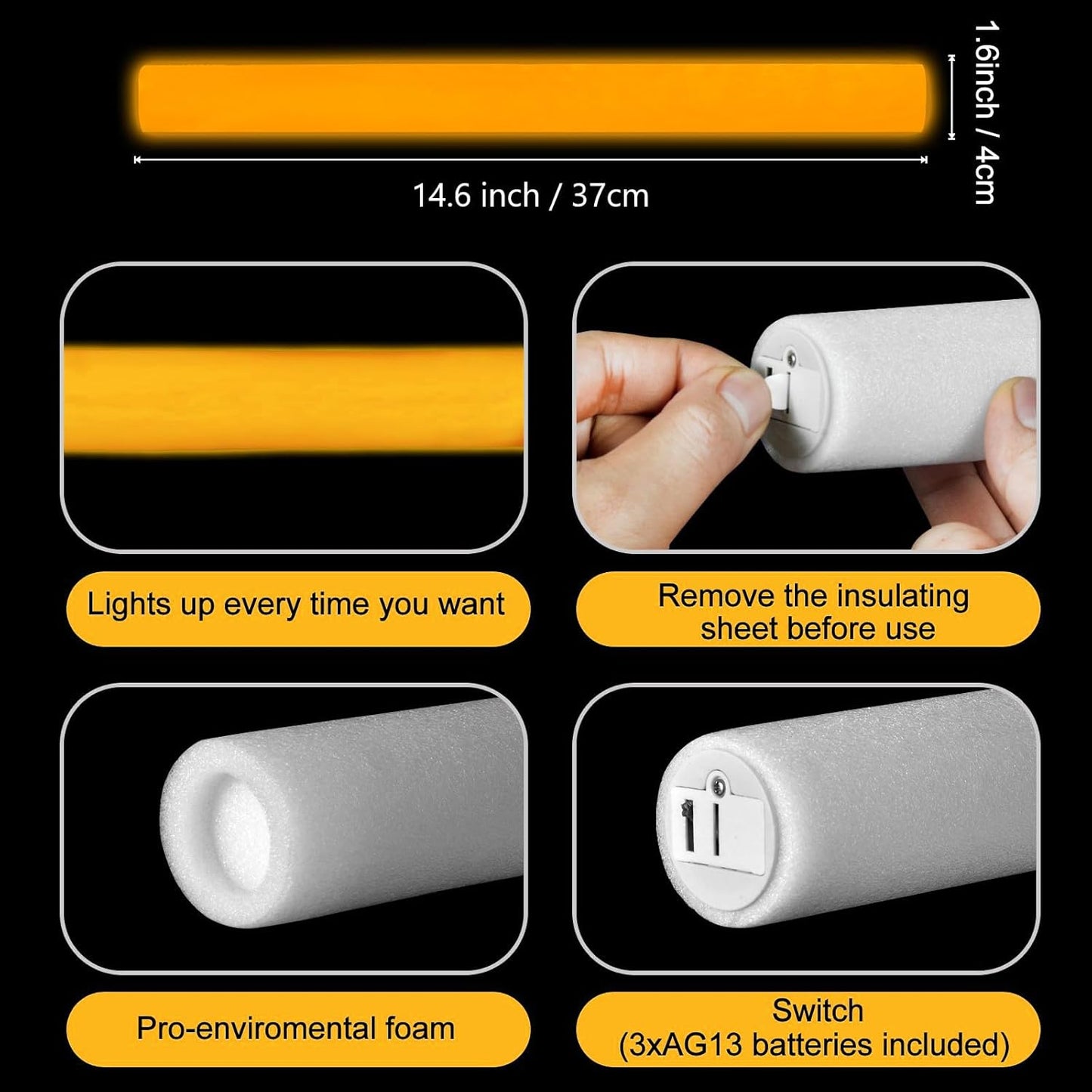 Glow Foam Sticks Bulk, 24 Pcs Orange Giant LED Light Up Sticks Flashing Glowing Baton Wands Party Supplies for Wedding, Raves,Concert,Birthday,Christmas, Halloween,Sporting Events