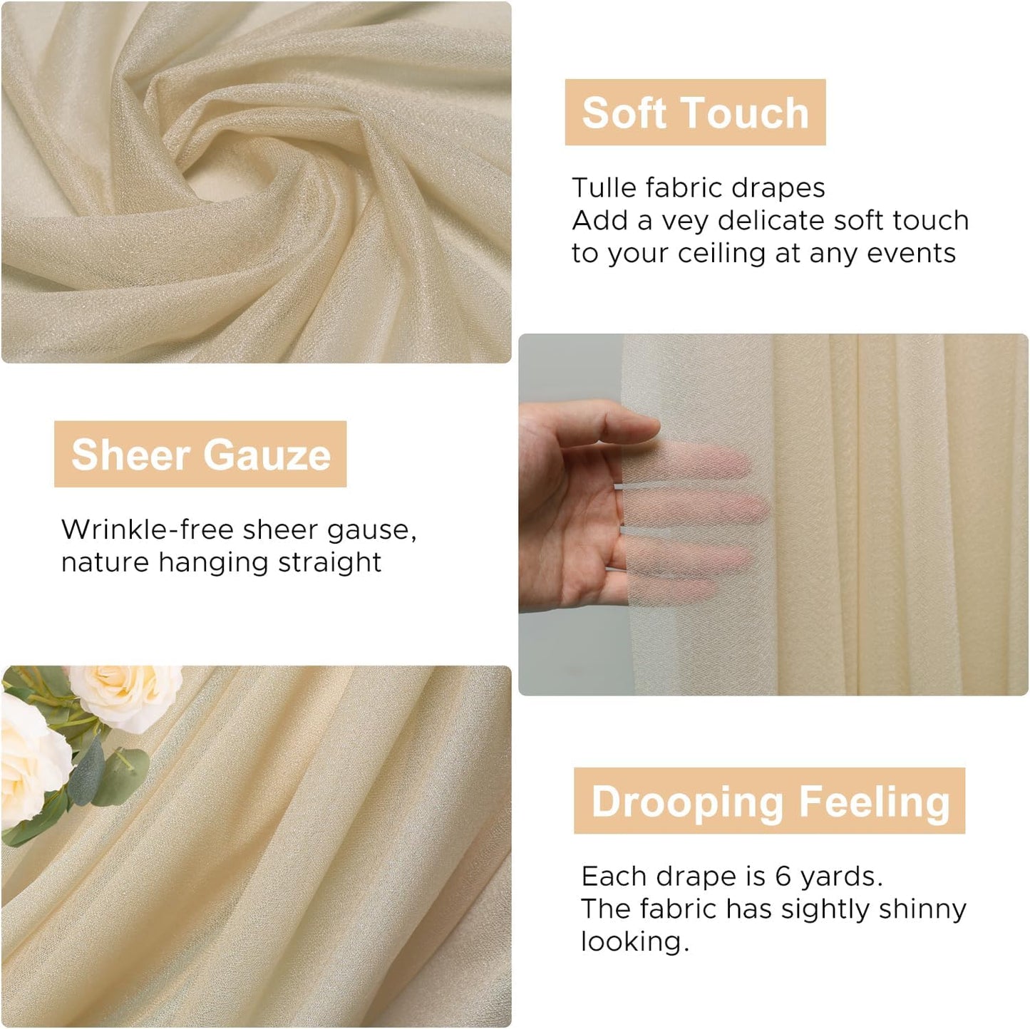 Wokceer Wedding Arch Draping Fabric 2 Panels 28.7" x 20FT Champagne Drapes Sheer Fabric Backdrop Arch Draping Fabric for Wedding Ceremony Birthday Party Bridal Shower Decoration