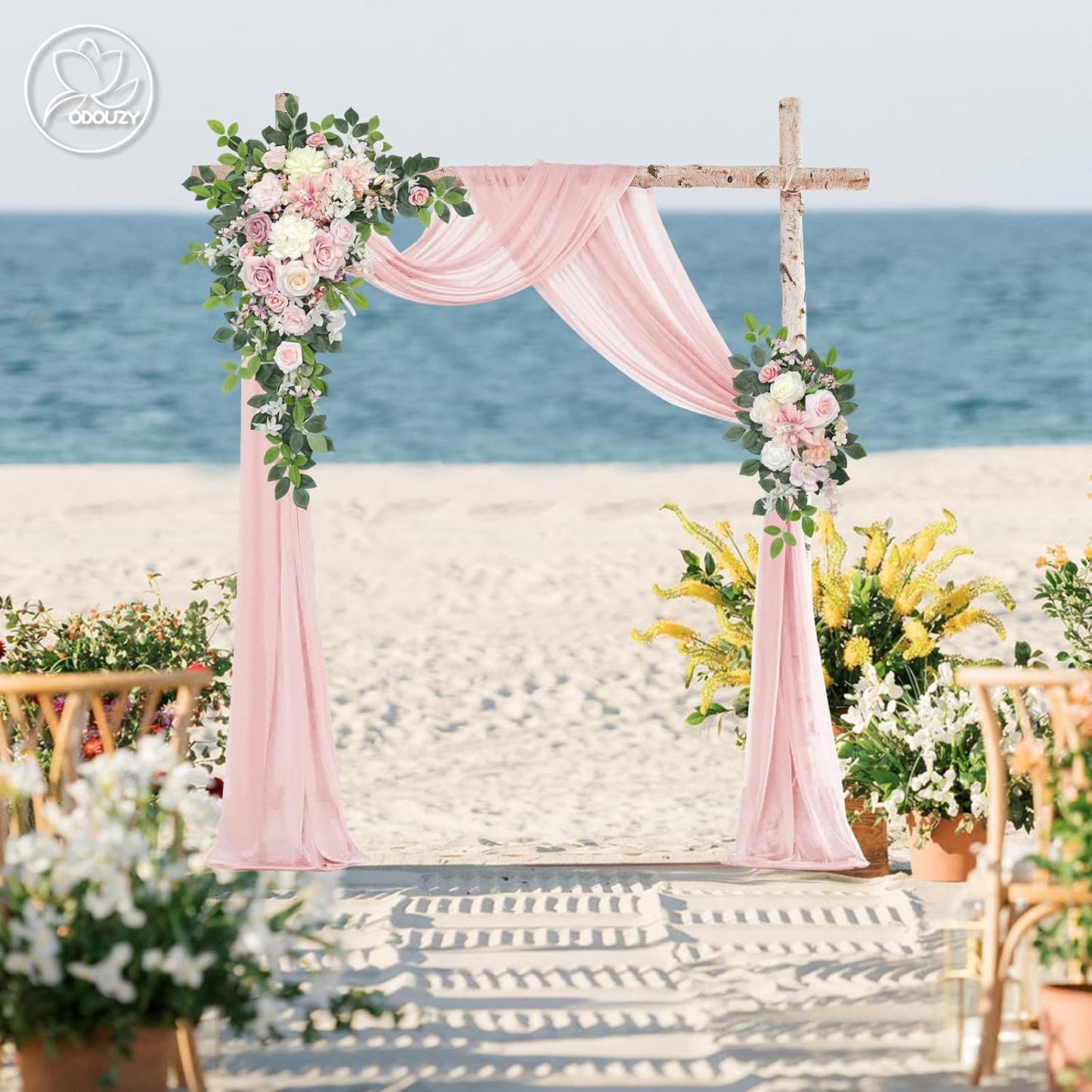 Wedding Arch Flowers Kit,Artificial Flower Arch Decor (Set of 3),2pcs Artificial Flower Arrangement with 1pc Sheer Drape for Wedding Decor Reception Backdrop Floral Decorations (Light Pink)