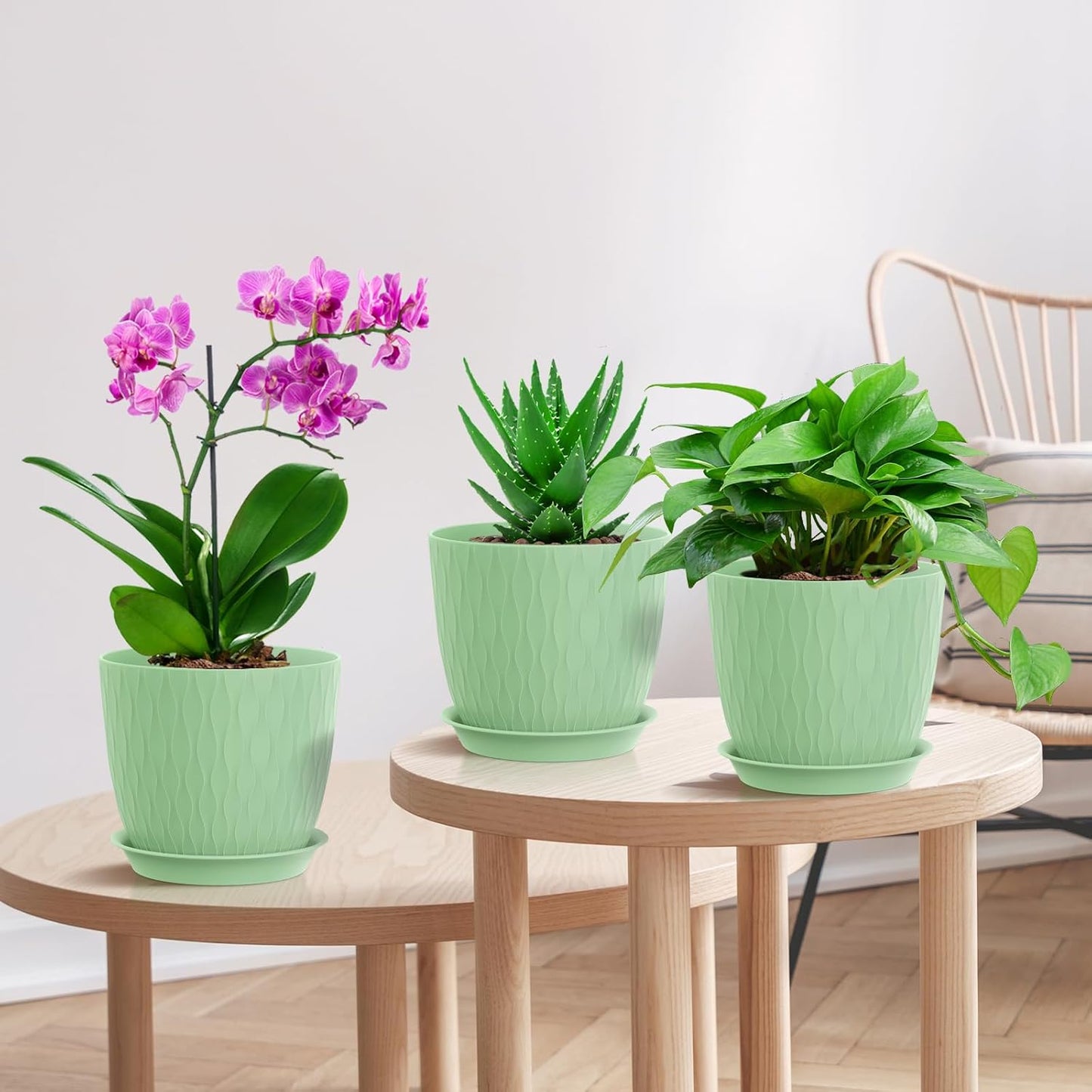 7 inch Flower Pots, 5 Pack Plant Pots with Drainage Holes and Saucers for Indoor Plants, Plastic Planters with Water Ripple for Small Garden House Plants, Nursery Pots for Succulent, Green