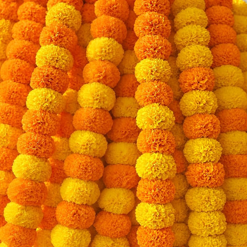Marigold Garlands for Decorations Pack of 5 - Artificial Marigold Flowers for Decorations -Indian Decor for Pooja, Indian Flower Garland (Yellow Orange Combination | 4 to 4.5 Ft) Hashcart®
