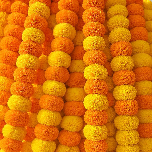 Marigold Garlands for Decorations Pack of 5 - Artificial Marigold Flowers for Decorations -Indian Decor for Pooja, Indian Flower Garland (Yellow Orange Combination | 4 to 4.5 Ft) Hashcart®