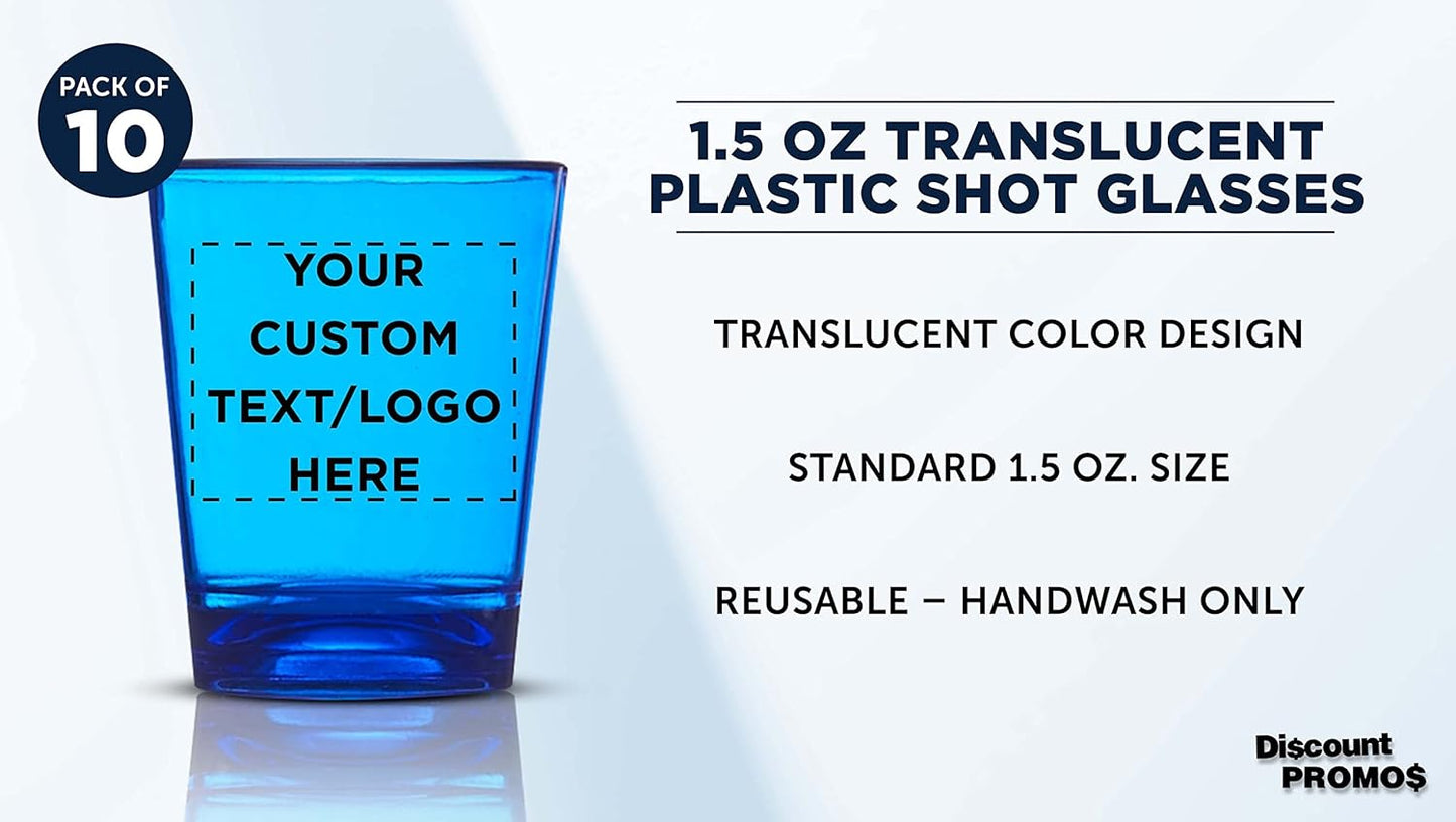 Custom Translucent Plastic Shot Glasses 1.5 oz. Set of 10, Personalized Bulk Pack - Acrylic, Great for Wedding, Party, Birthday, Gifts - Blue