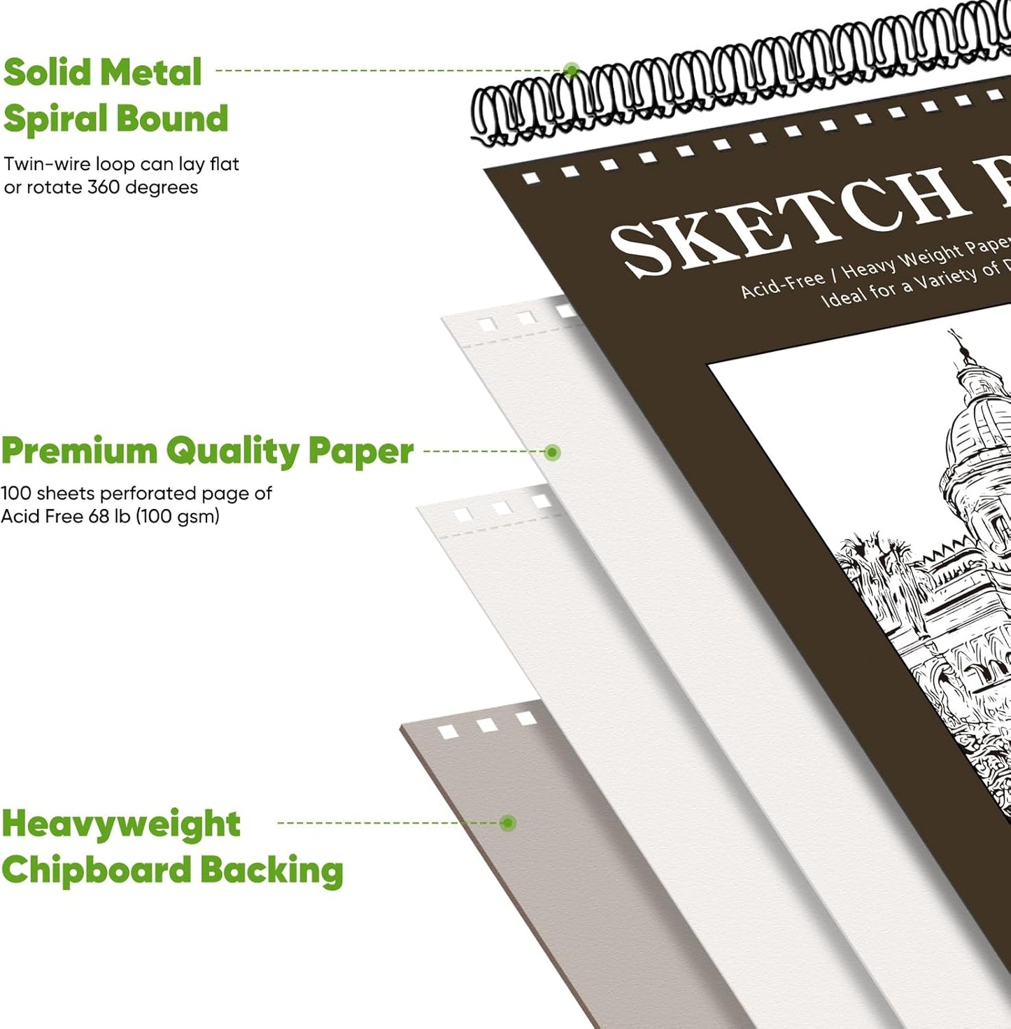 Soucolor 11" x 14" Large Sketchbook, 100 Sheets 68lb/100gsm Top Spiral Bound Large Sketch Pad, Acid Free Big Sketch Paper for Drawing, Illustration, Art Class Students