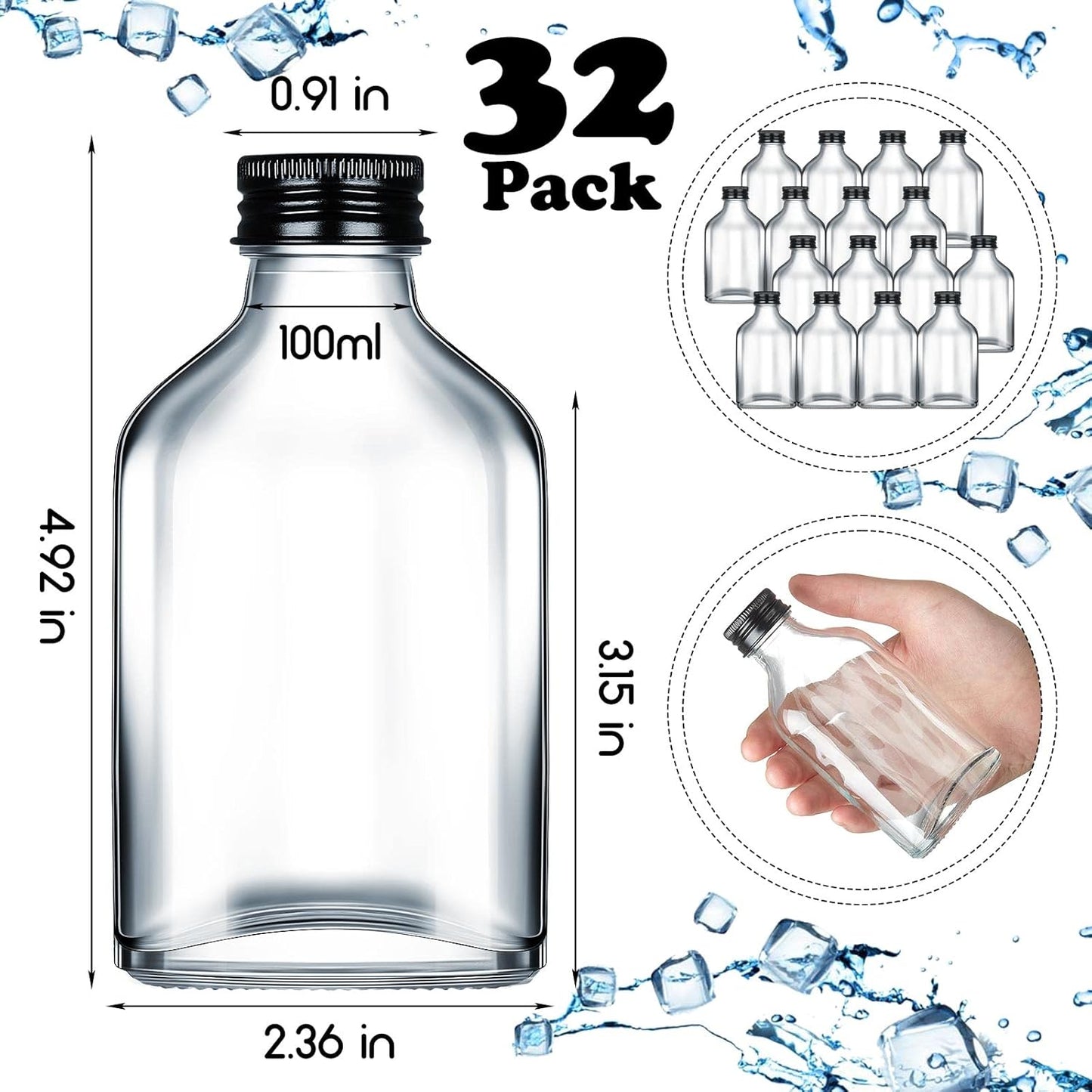 Patelai 32 Pcs Clear Glass Bottles with Caps Mini Glass Flask Liquor Bottles Empty Alcohol Shot Bottling Small Champagne Container DIY Gift for Halloween Wine Beverages Liquor Drinks Oil Beer (100 Ml)