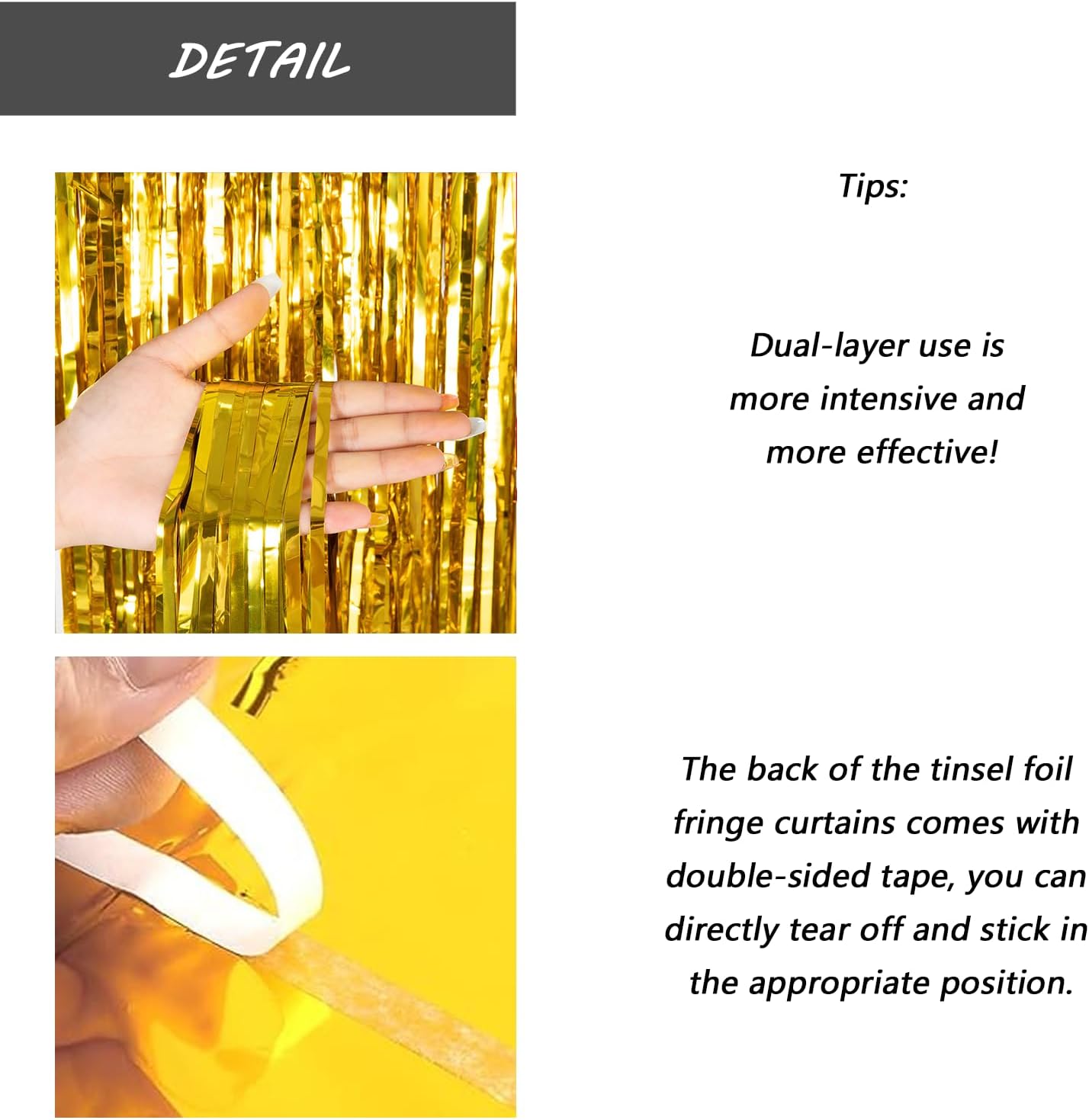 Gold Foil Fringe Curtain 3.3×8.3FT 2 Packs, Metallic Tinsel Curtains Party Streamers for Birthday Graduation Baby Shower Decoration (2pcs,3.3FT×8.3FT, Gold)
