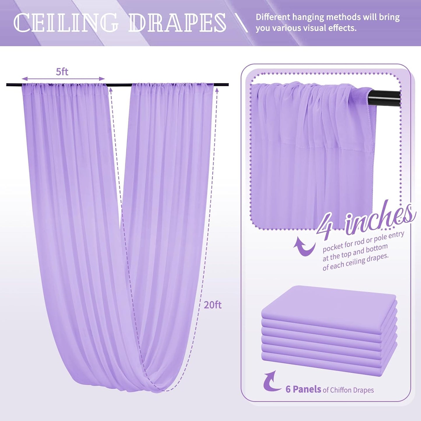 6 Panels Lavender Ceiling Drapes for Wedding 5ftx20ft Chiffon Fabric Arch Draping Curtains Sheer Drapery for Party Ceremony Birthday Baby Shower Reception Stage Swag Ceiling Decorations