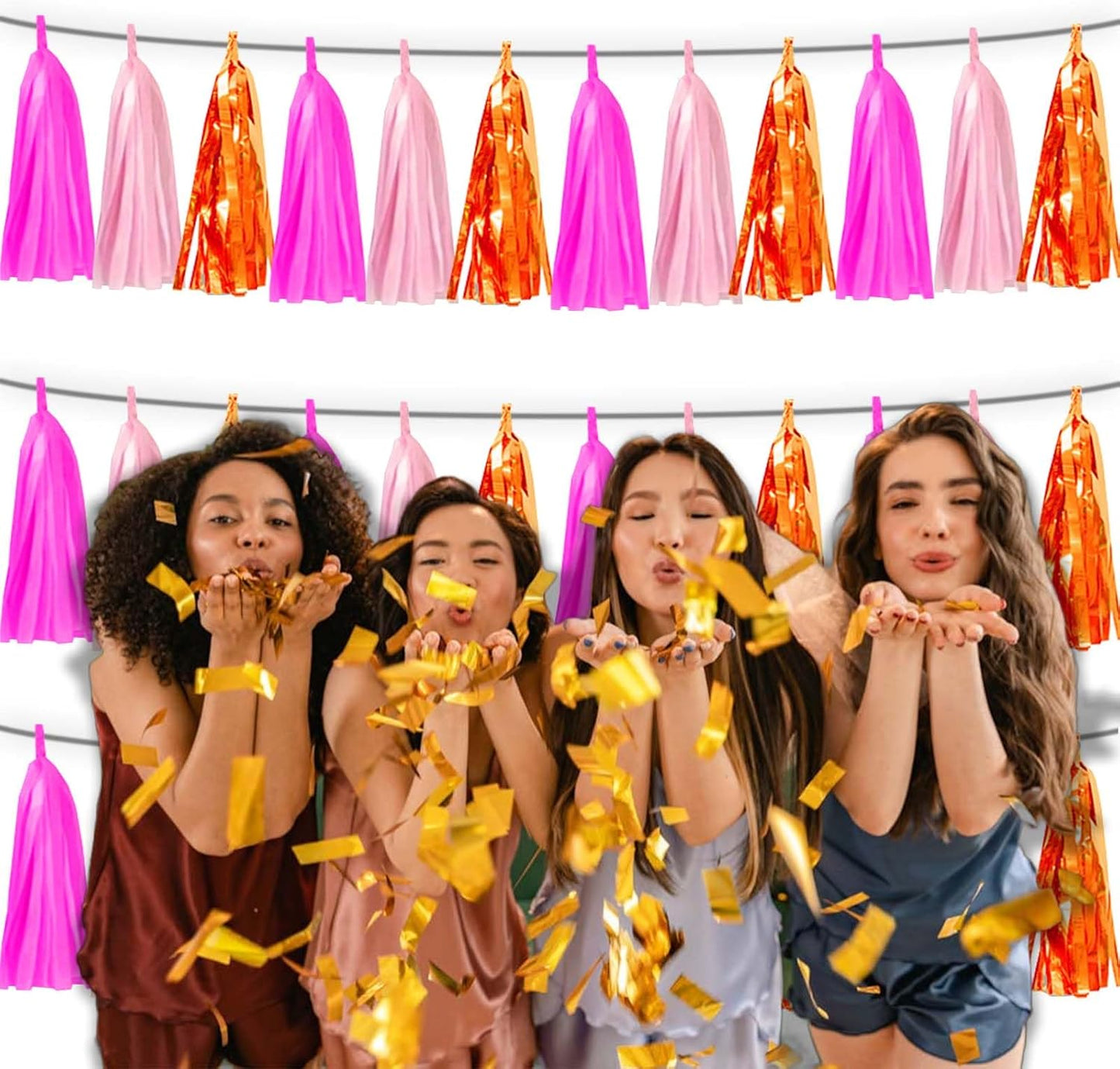 3P Hot Pink Orange LightPink Metallic Fringe Banner Garland Foil Tinsel Streamer Backdrop Banners for Parties, Wall Hanging Curtain Parade Floats,Graduation Decorations, Wedding Party Decoration