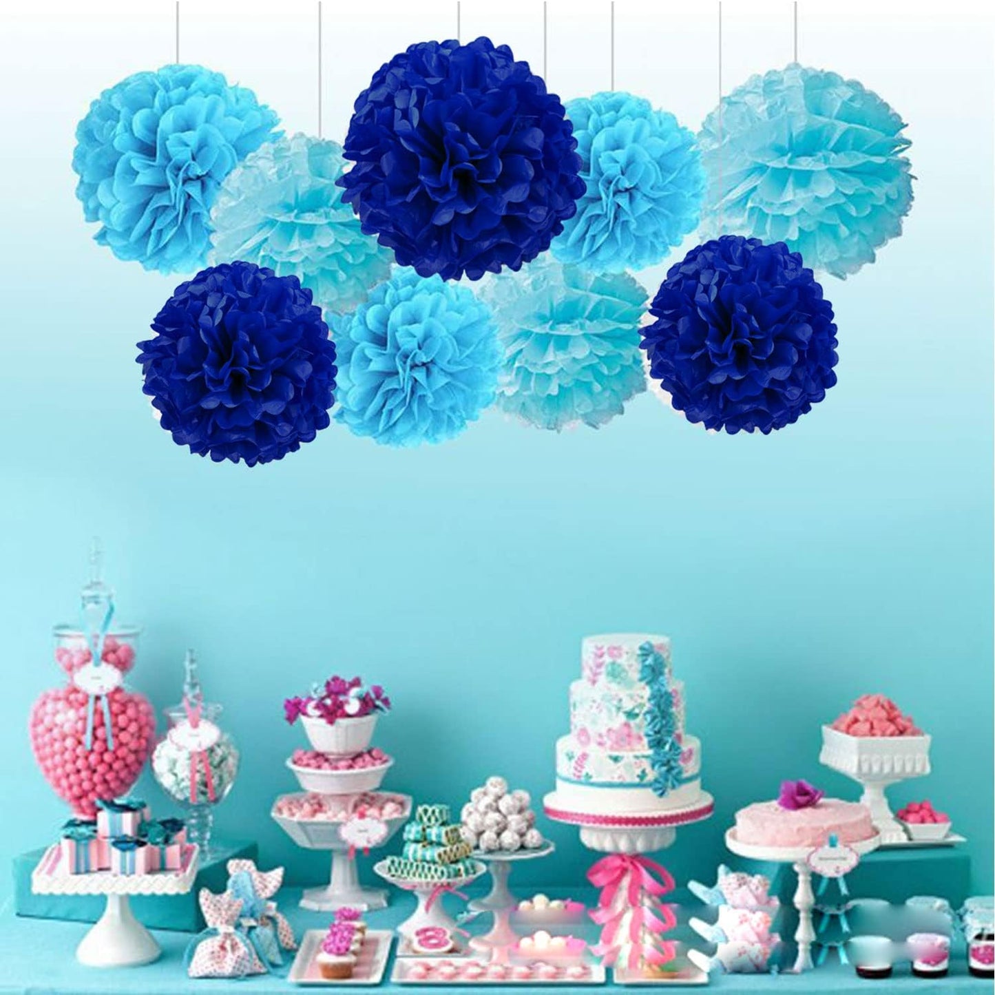 Capesaro Blue Paper Pom Poms - 10",12" Tissue Pom Poms Decorations for Baby Shower Boy Party Hanging Decor - 12 Piece Set