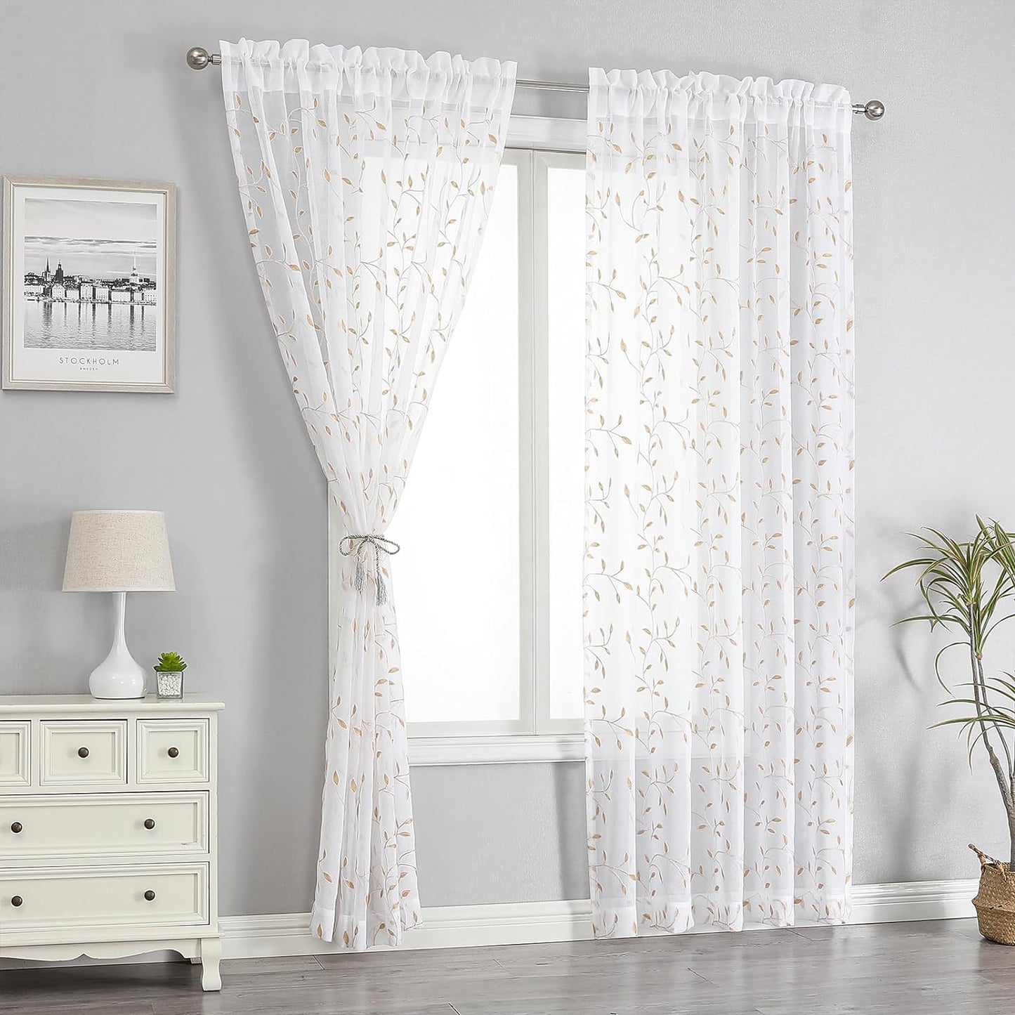 VISIONTEX White Sheer Voile Curtains, Decorative Orange Leaves Embroidery Faux Linen Rod Pocket Window Drapes for Home Kitchen, Living Room and Bedroom 54 x 95 Inch, Set of 2 Curtain Panels