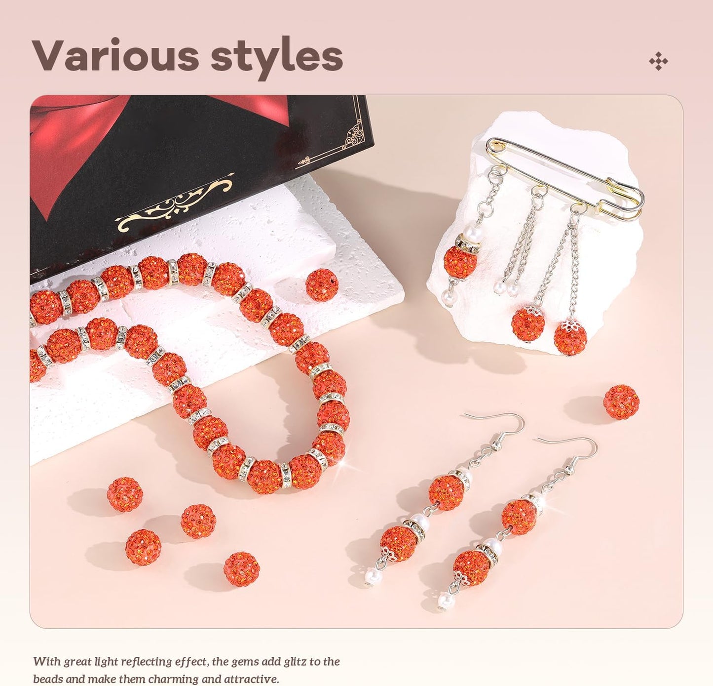 105pcs 10mm Rhinestone Beads for Jewelry Making, Orange Shiny Round Disco Ball Beads Bulk, Sparkle Crystal Clay Christmas for Bracelet Baseball Necklace Earring Crafting and DIY