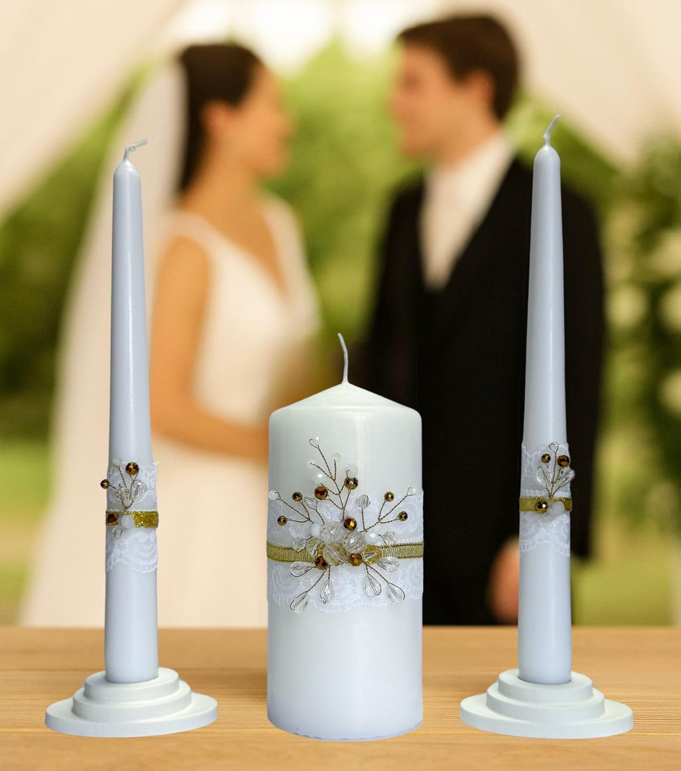 Unity Candle Set - Wedding Ceremony & Reception – 6” Pillar & Two 10” Taper Candles – Long Burning Unity Candles for Marriage Ritual – Handmade in USA – Diamond |Gold