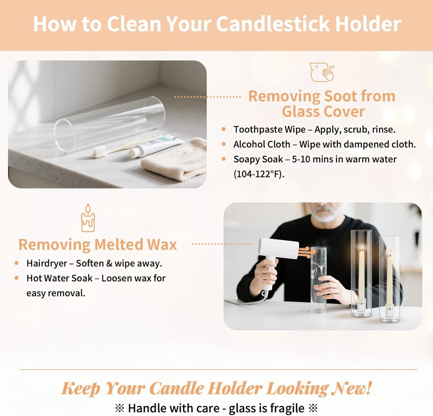 NUPTIO Taper Candle Holders Glass: Set of 10 Hurricane Candlestick Holder Bulk - Candle Stick Stand with Cylinder Sleeves for Thanksgiving Chrstmas Birthday Party Decor