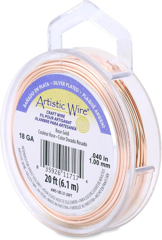 Artistic Wire, 18 Gauge Silver Plated Tarnish Resistant Colored Copper Craft Wire, Rose Gold Color, 20 ft
