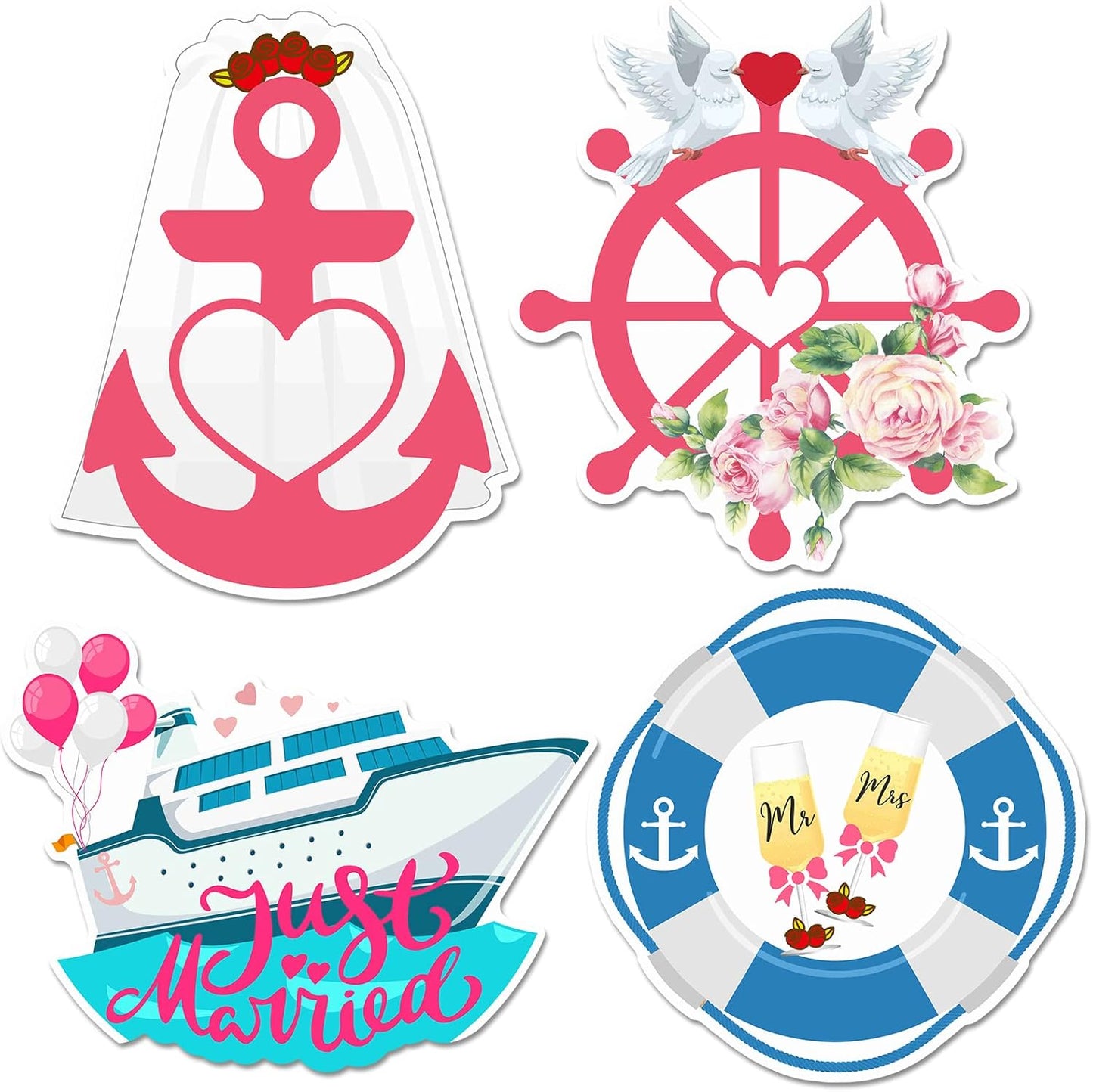 Xuhal 4 Pcs Just Married Cruise Door Decorations Wedding Honeymoon Cruise Door Magnets Just Married Car Decoration Anchor Life Preserver Magnet Carnival Car Locker Refrigerator