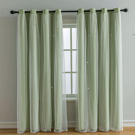 FANLI 2 Panels Star Blackout Curtains for Kid Girls Bedroom Living Room Darking Stripe Double Layer Star Cut Out Wall Home Decor Gradient Grommet Window Curtains (Green 95L)