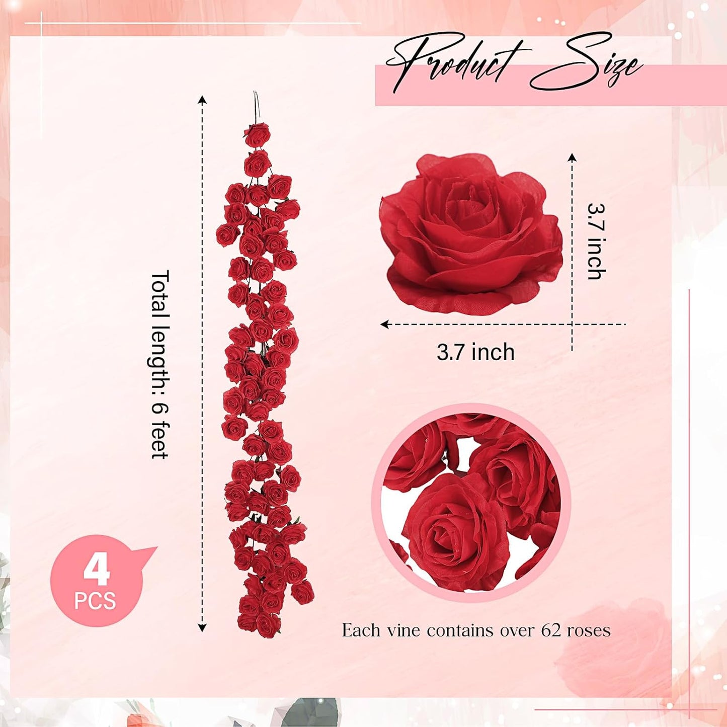 4 Pcs Red Artificial Rose Vine Hanging Faux Flowers Garland for Wedding Anniversary Birthday Party Background Arch Garden Home Wall Room Decor