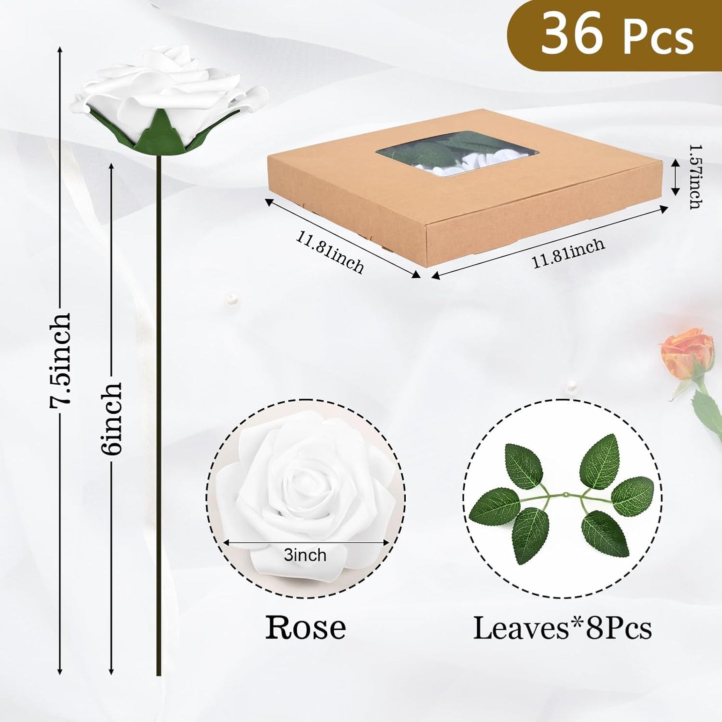 BLEUM CADE 36Pcs Artificial Flowers Fake Roses with Stems, White Boxed Foam Roses for DIY Bouquets Centerpieces Wedding Party Arrangement Bridal Shower Decor