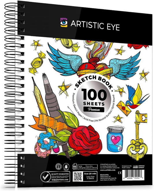 ARTISTIC EYE 9x12 Premium Sketch Book Set, 100 Sheets, Spiral Bound, 68lb (100gsm), Acid-Free Drawing Paper, Ideal for Kids, Teens & Adults (Set of 1)