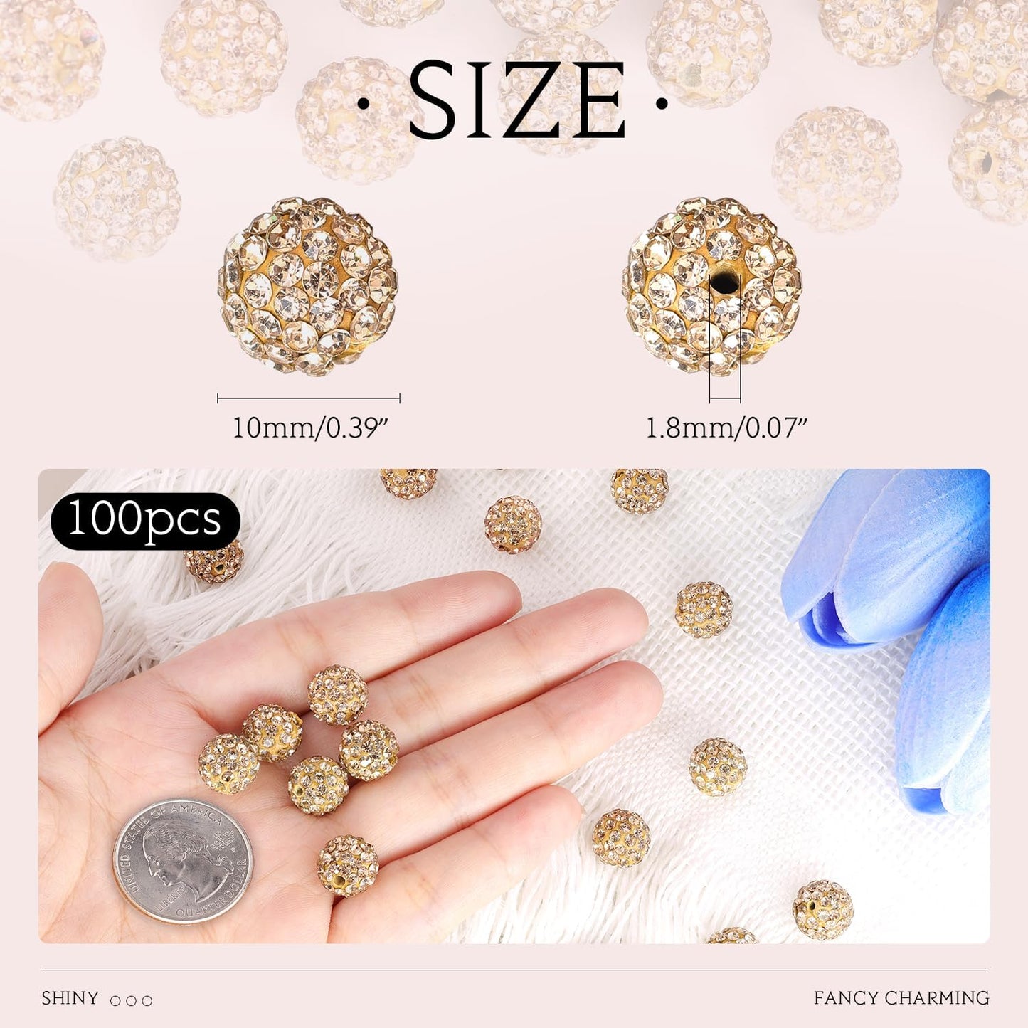 100 pcs 10mm Rhinestone Beads for Jewelry Making, Light Brown Shiny Round Shamballa Disco Beads Bulk, Sparkle Crystal Clay Christmas for Bracelet Baseball Necklace Earring Crafting and DIY