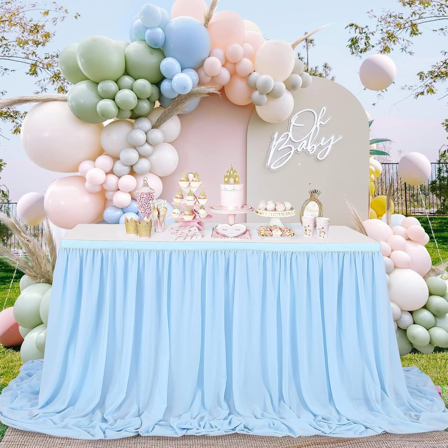 Baby Blue Table Skirt for Birthday Party14ft Rectangle or Round Chiffon Table Skirt for Boy Gender Birthday Mermaid Theme Party Decoration