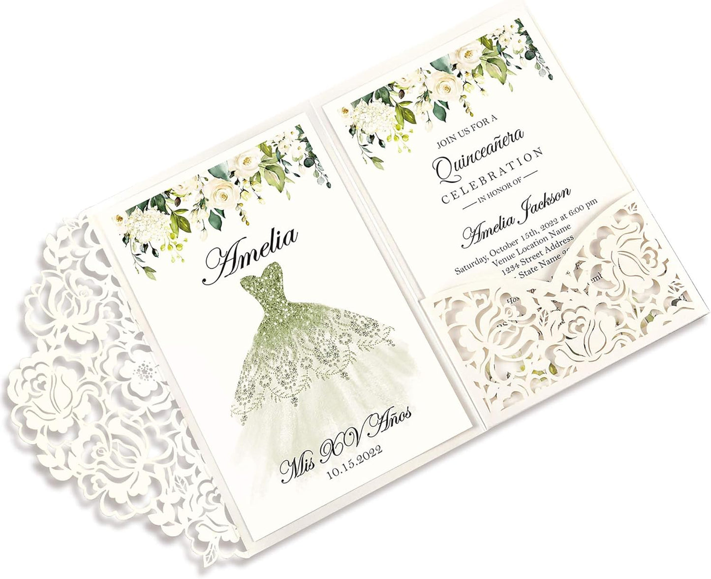 DORIS HOME 50pcs Laser Cut Quinceanera Invitations Green and Ivory White, 4.7x7.1 Blank Quince Invitations for 15th Birthday, Invitation cards for Sweet 16 with Envelopes
