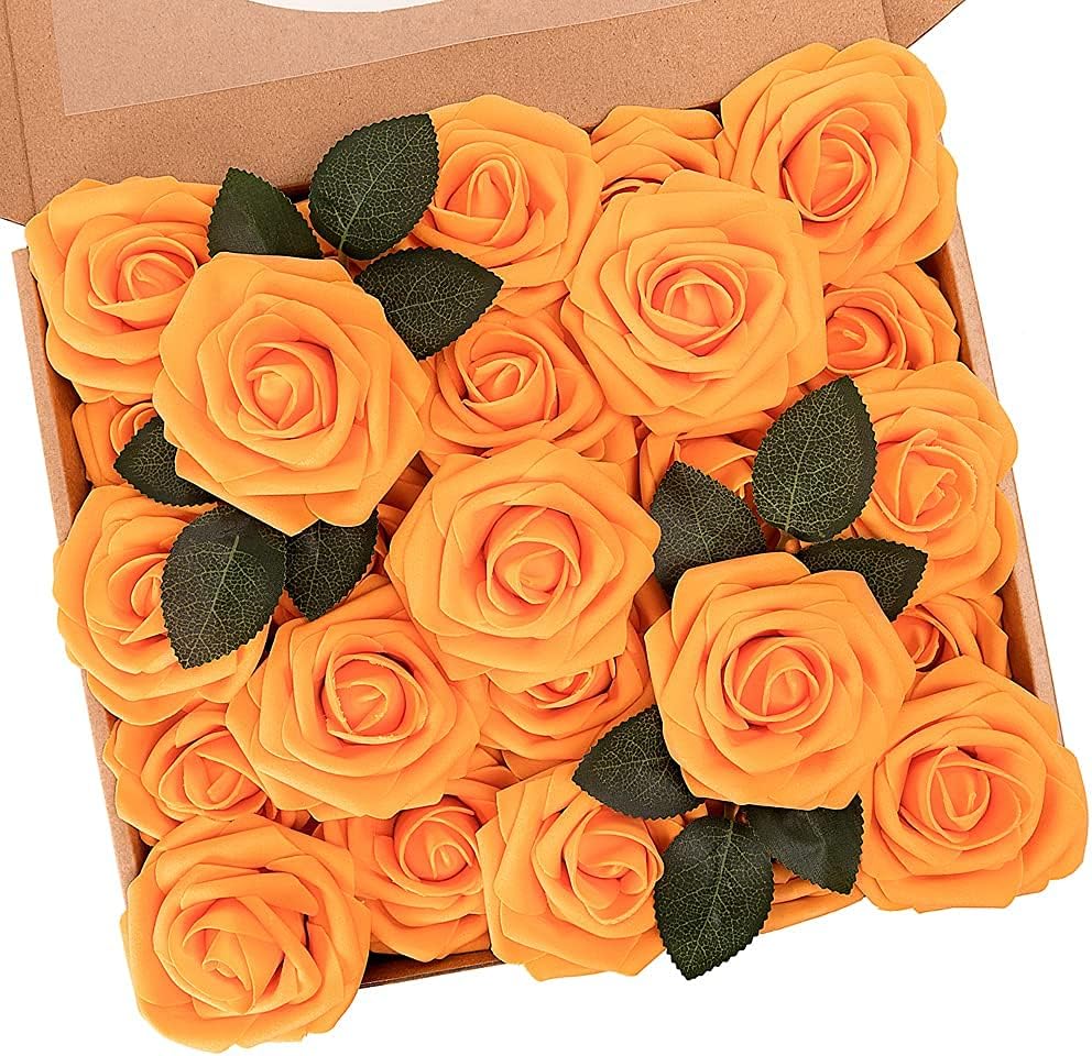 N&T NIETING Artificial Flowers, Fake Flowers Orange Roses Perfect for DIY Wedding Bridal Bouquets Centerpieces Bridal Shower Party Home Flower Arrangement Decorations, 25Pcs