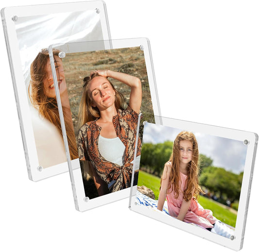 Acrylic Magnetic Picture Frames 4x6 Inch Set of 3, Tabletop and Refrigerator Display Vertical and Horizontal Clear Photo Frames with Detachable Stand for Gift Home Kitchen Decoration