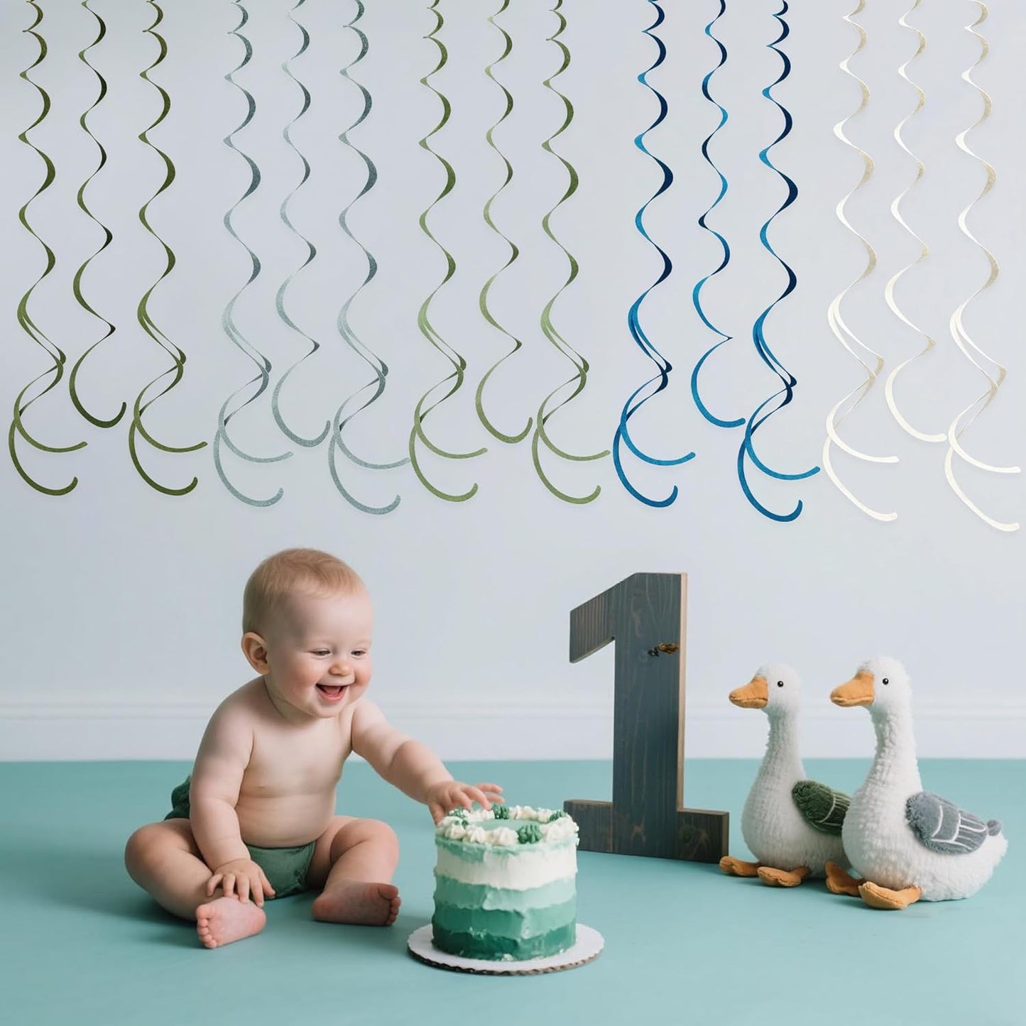 36 Pcs Sage Green Dusty Blue Hanging Swirl Decorations Blue Sage Green Felt Swirl Streamer Spiral Ceiling Garland for Baby Shower Birthday Retirement Wedding Safari Silly Goose Theme Party Supplies