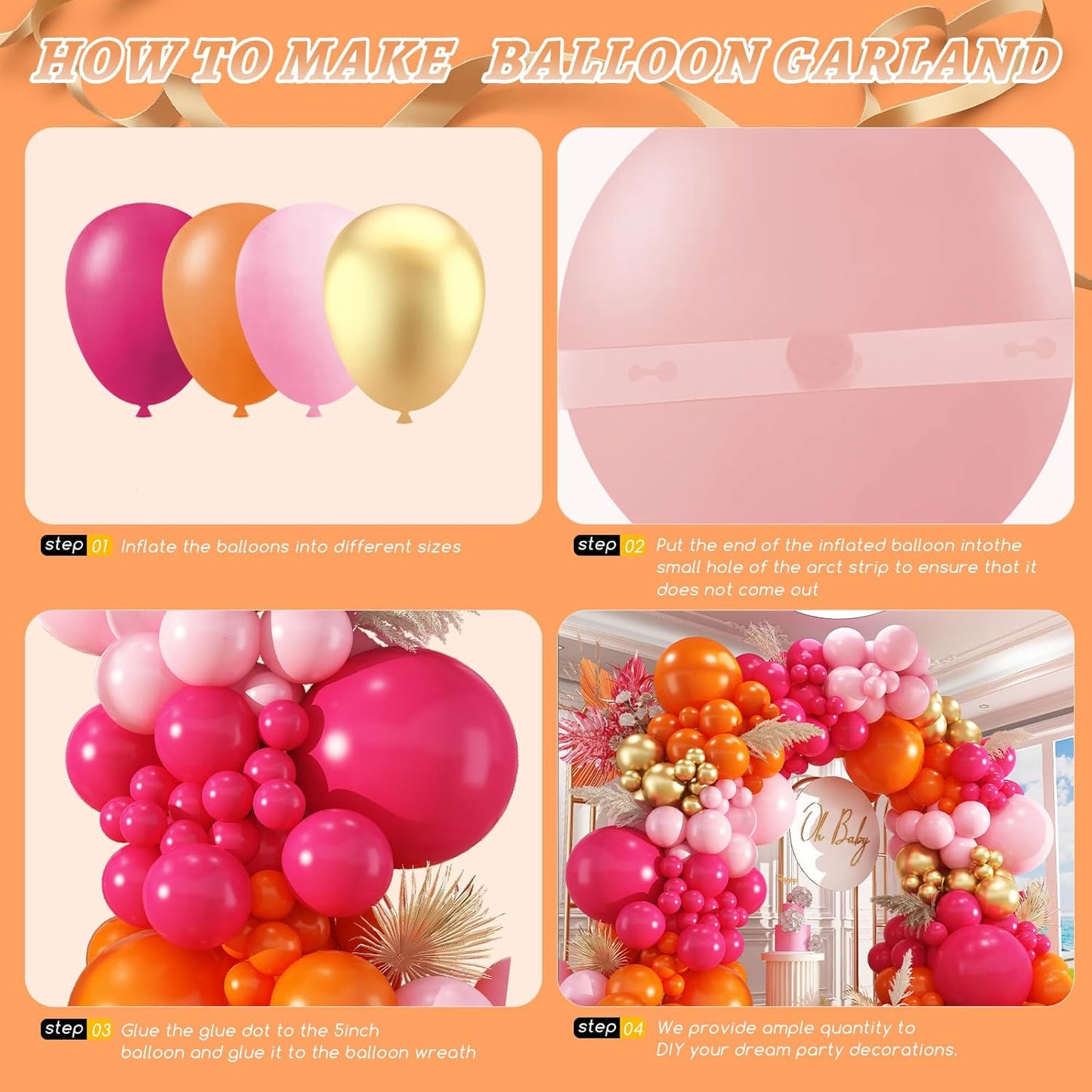 Pink and Orange Balloon Arch Kit,412Pcs Hot Pink Orange Metallic Gold Latex Balloon Garland kit 18 12 10 5 Inch Different Size Balloons for Birthday Wedding Tropical Summer Party Decorations