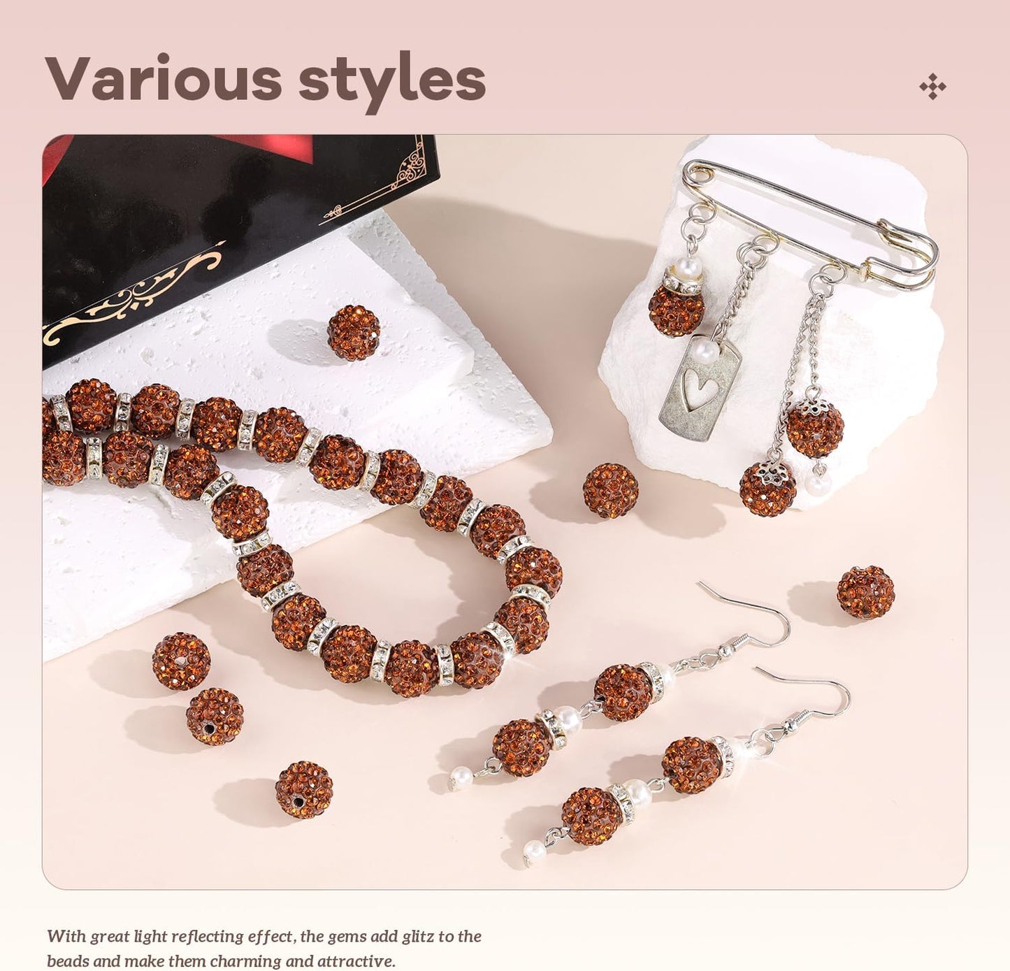 200pcs 10mm Rhinestone Beads for Jewelry Making, Brown Shiny Round Disco Ball Beads Bulk, Sparkle Crystal Clay Christmas for Bracelet Baseball Necklace Earring Crafting and DIY