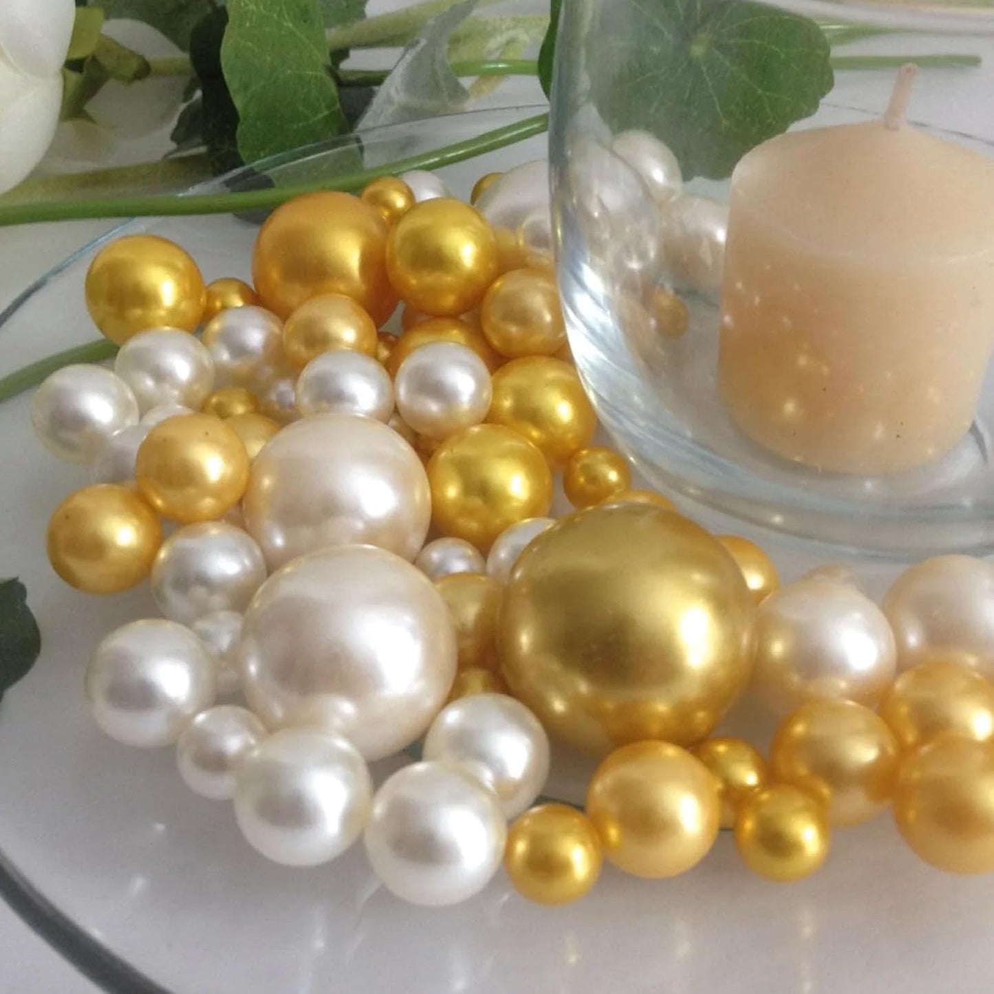 100PCS Golden Yellow Faux Pearls Beads for Centerpiece Vases, Vase Filler Faux Pearls, No Holes Filler Beads for Party Mardi Gras Wedding Table Decor, 14/20/30mm