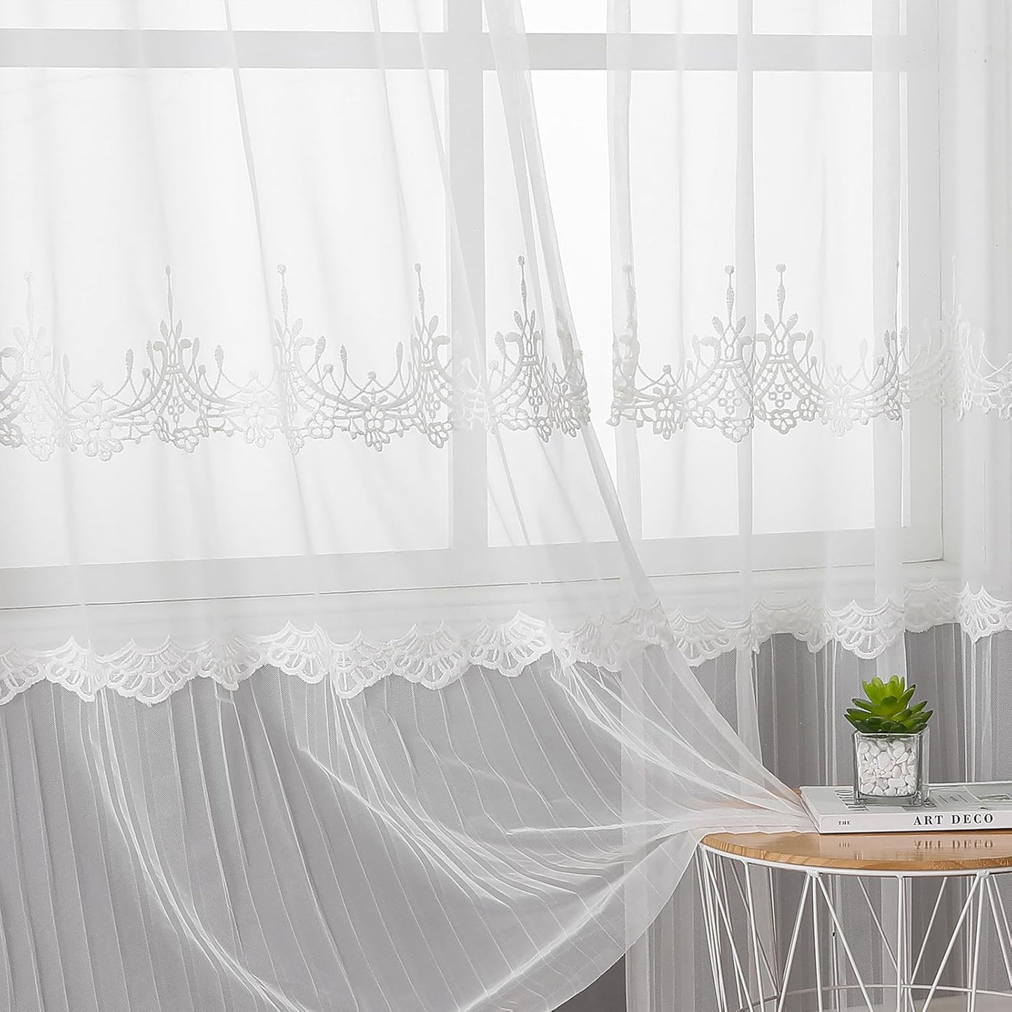 VISIONTEX White Sheer Voile Curtains, Decorative White Embossed European Rod Pocket Window Drapes for Home Kitchen, Living Room and Bedroom 54 x 95 Inch, Set of 2 Curtain Panels