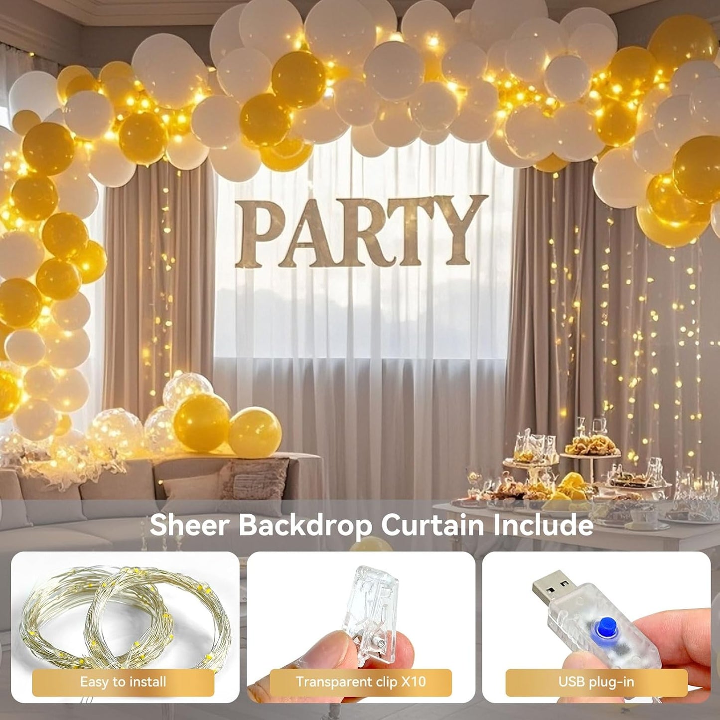 Ledido 10×8ft Tulle Backdrop Curtains with Lights String - 300LED Fairy Lights Sheer Curtain Backdrop for Weddings Baby Shower and Birthday Party Decorations(8 Panels 5×8ft)