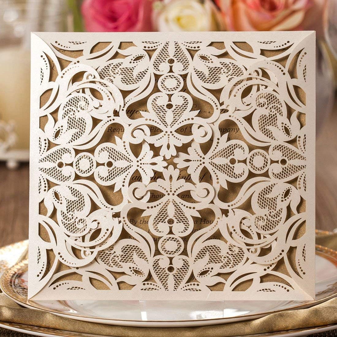 Hosmsua 50PCS Ivory Laser Cut Wedding Invitation Cards with Envelopes 6.3 x 6.3 Inch Hollow Rose Invitations for Wedding Bridal Shower Invite (Ivory, Blank)